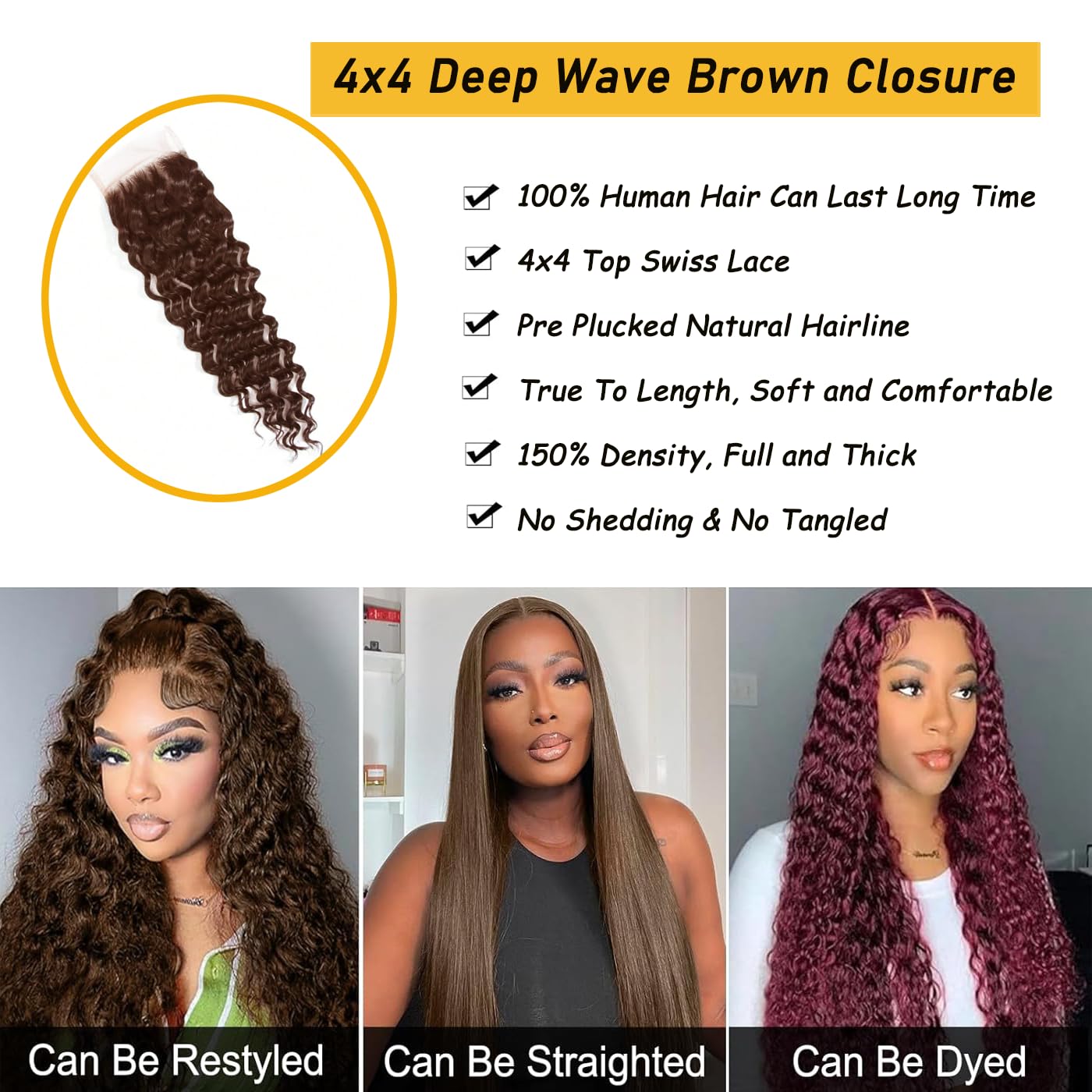 4x4 Deep Wave Brown Closure Brazilian Human Hair Extensions Preplucked Bleached Knots Sew In Virgin Hair Wet And Wavy Transparent Lace Closure 12 Inch