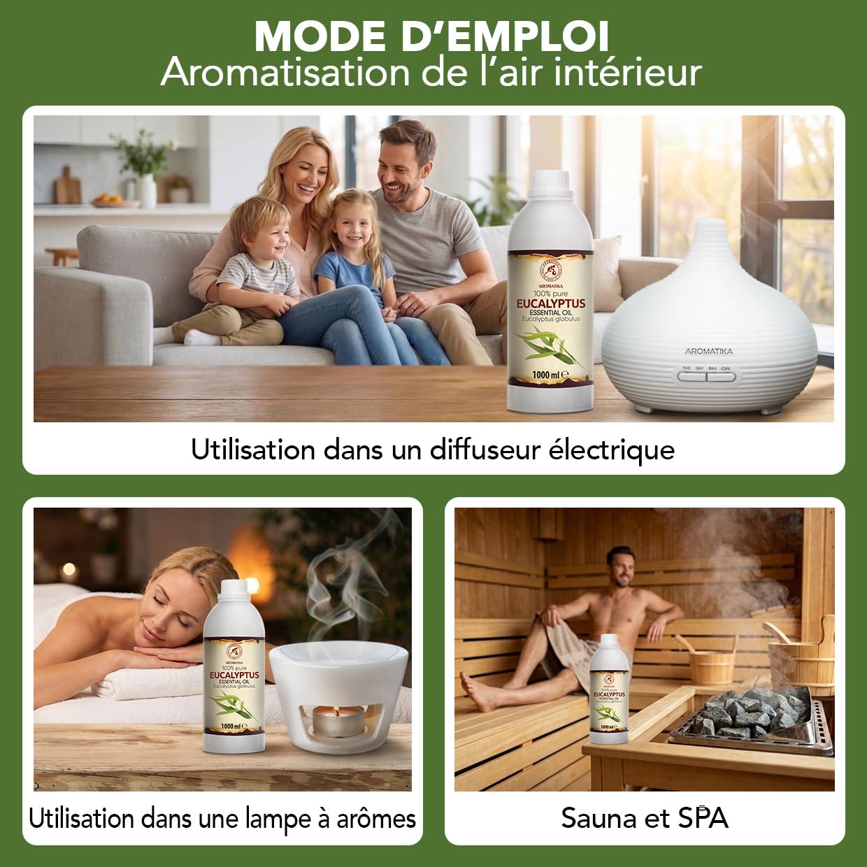 Huile Essentielle d'Eucalyptus 1000 ml - Eucalyptus Globulus - pour Diffuseur et Lampe Aroma - le Savon et les Bougies - Sauna - Parfums d'Intérieur - Arôme frais - Aromathérapie
