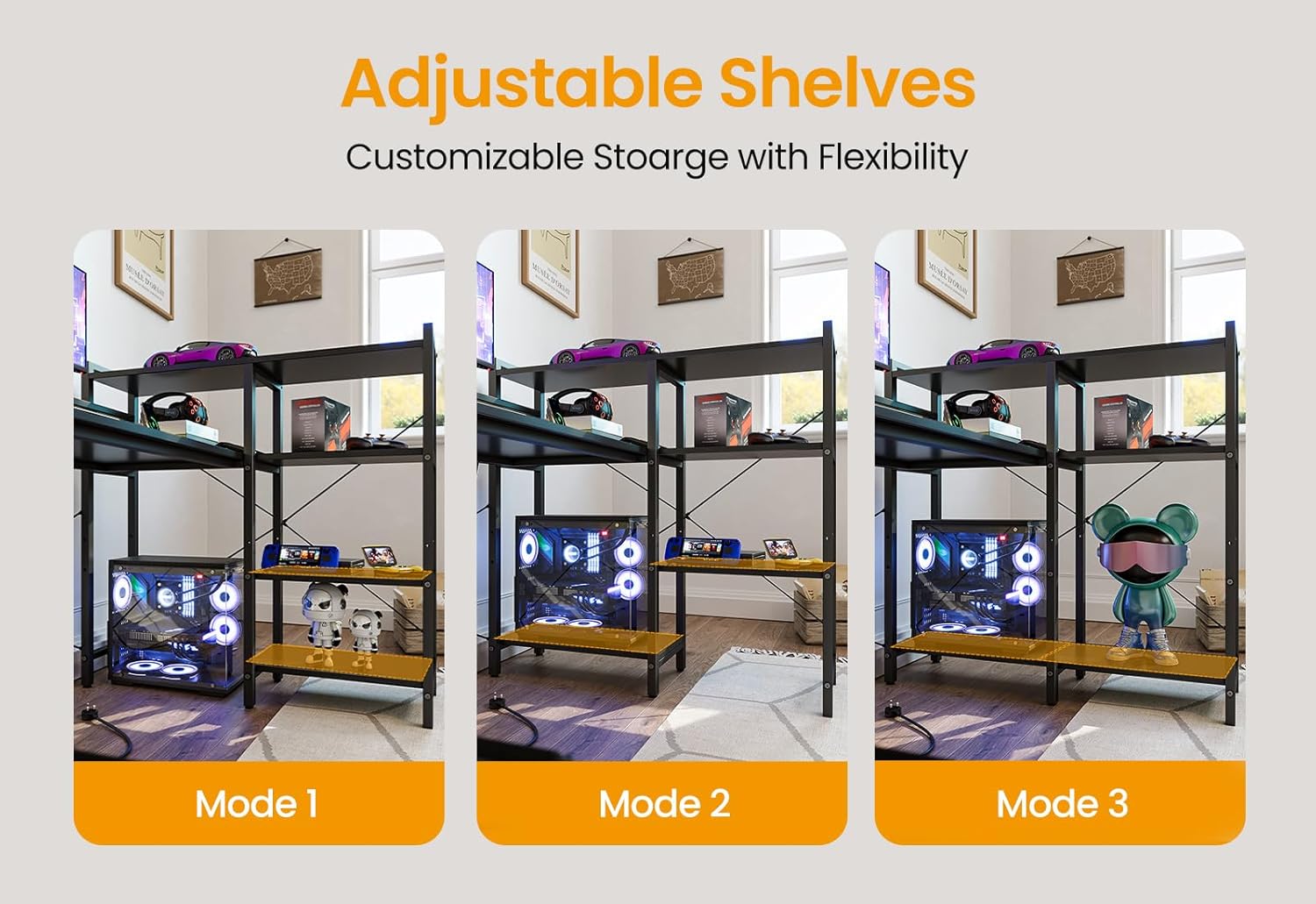 Adjustable shelves on CubiCubi desk showing three height modes