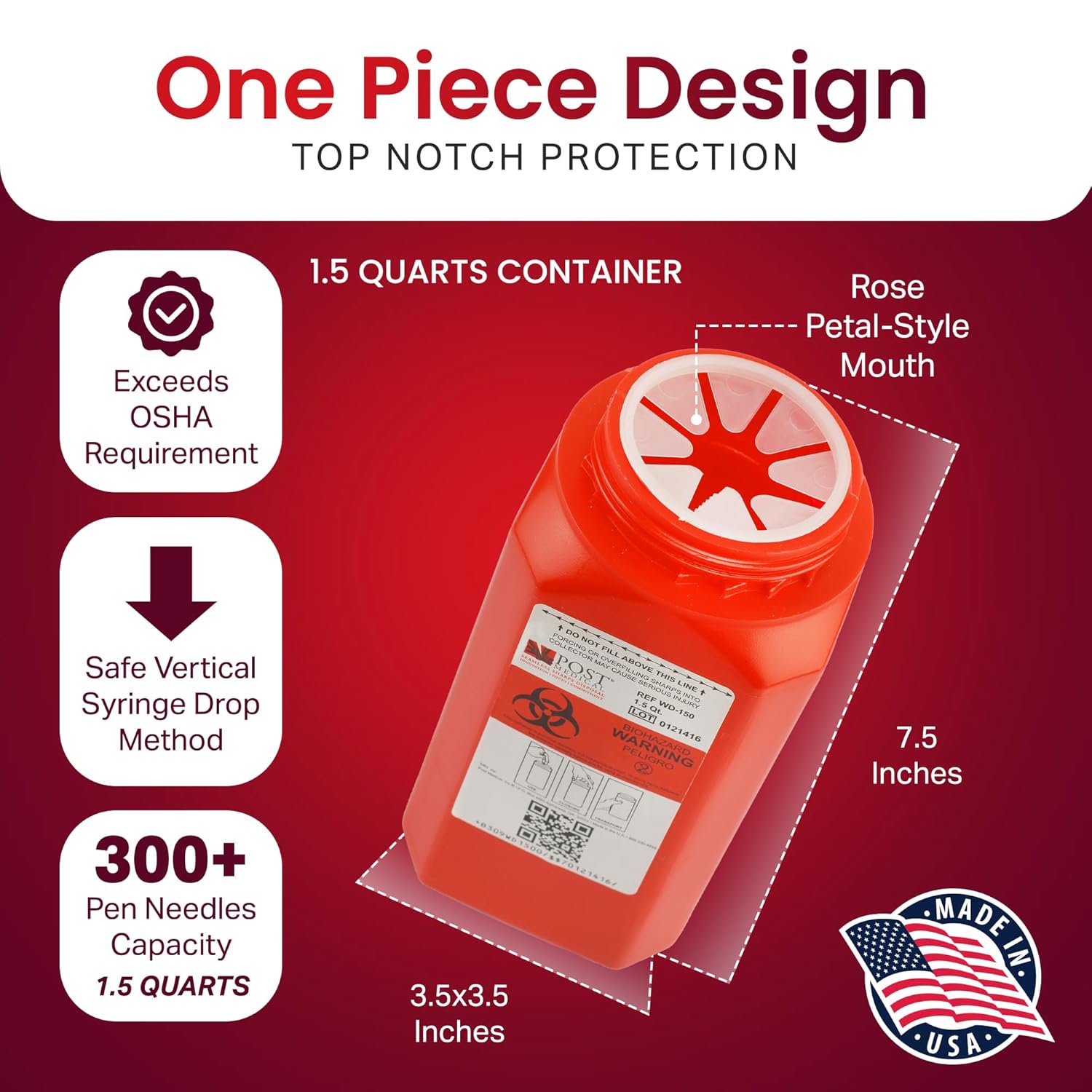 1.5 Quart Sharps Container - Case of 6, Puncture-Resistant Sharps Disposal Container, Needle & Syringe Disposal Container, Leak-Tight Biohazard Containers with Screw Cap Lid, Red