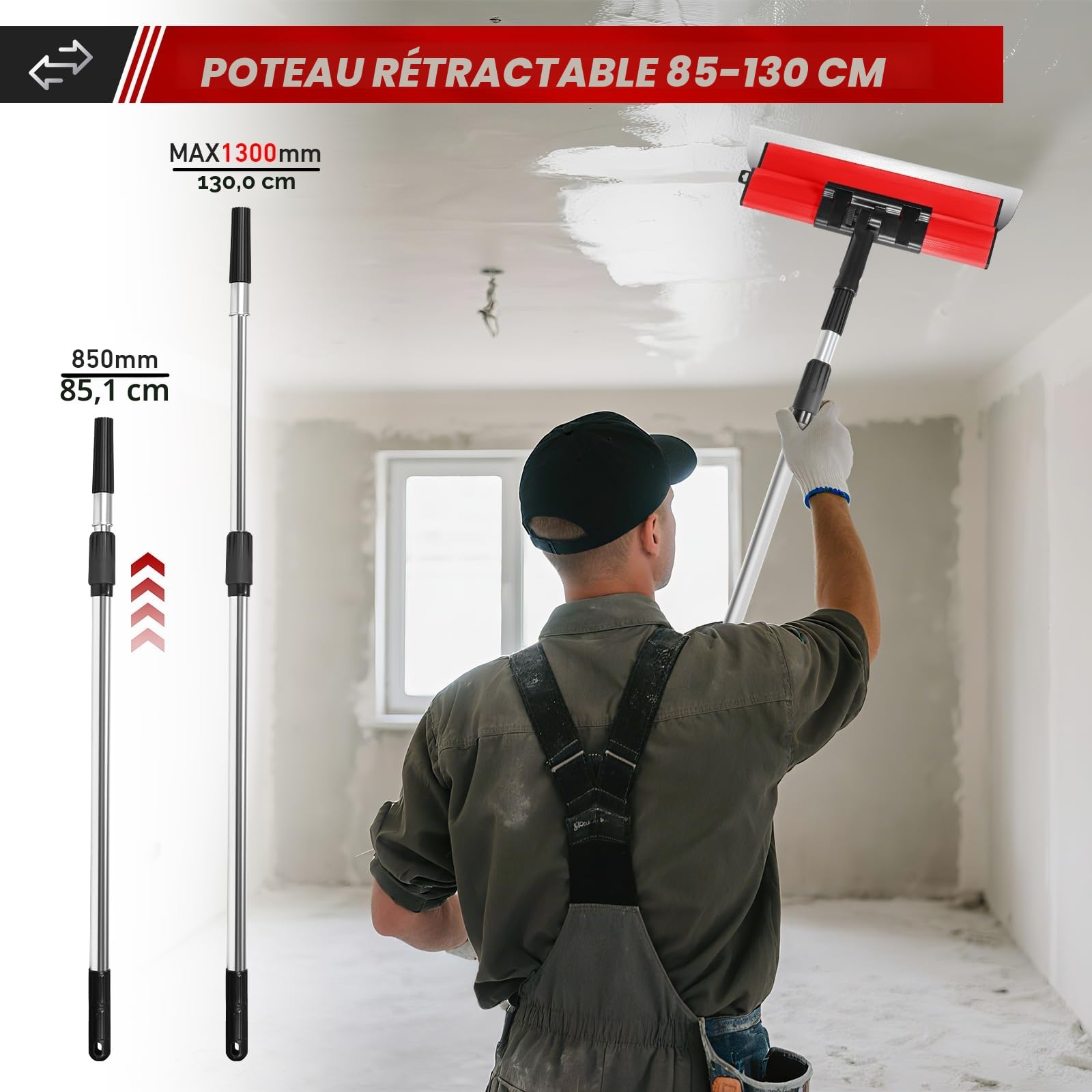 Kit de spatules de surface - Lames de mastic 15 cm, 25 cm, 40 cm, 60 cm et 80 cm + manche d'extension de 85 cm à 130 cm, couteau de construction en acier inoxydable