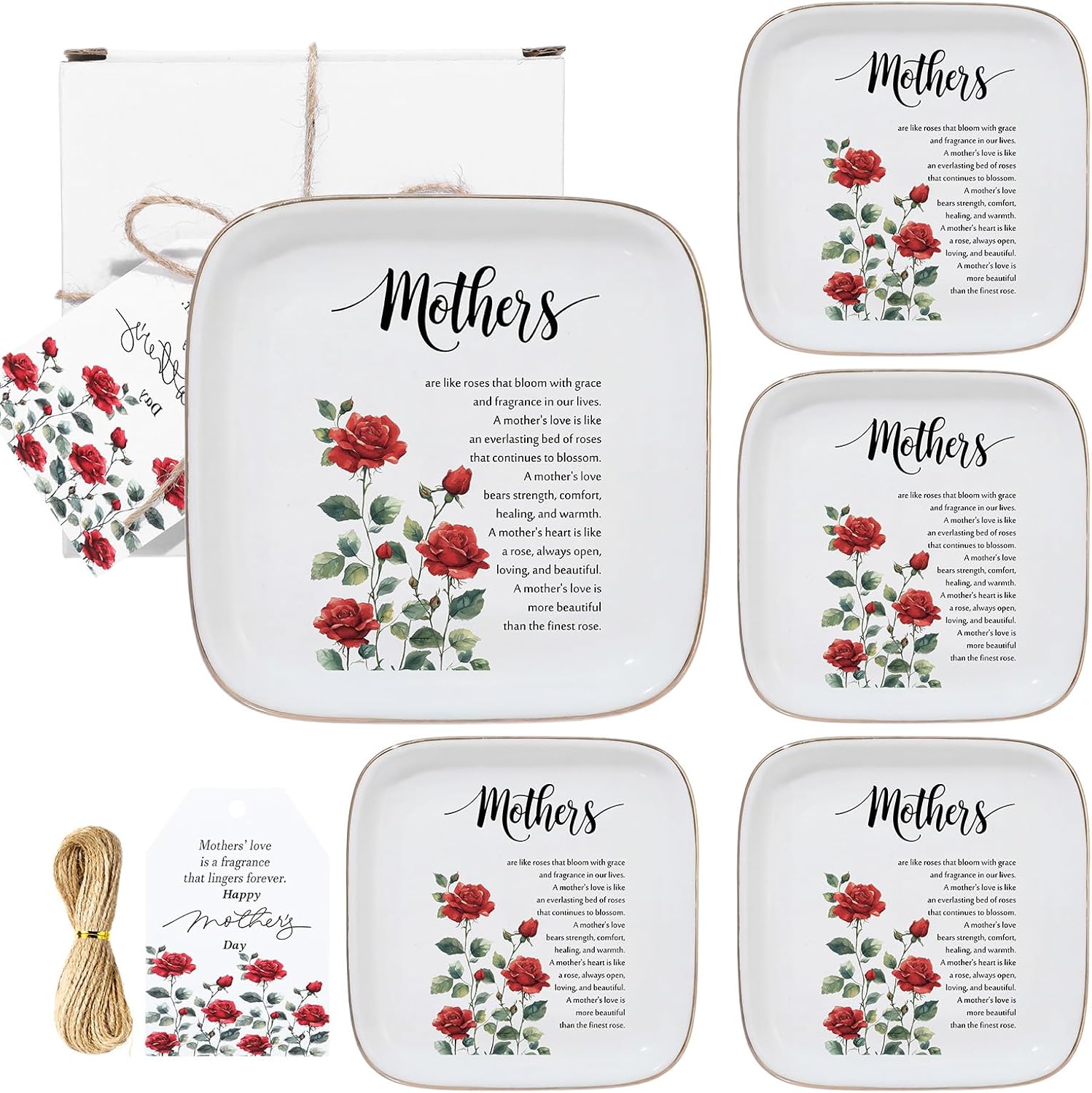 Landical Mother's Day Gifts for Mom, Set of 5 Inspirational Rose Jewelry Trays with Meaningful Cards, Ceramic Trinket Dish for Women, Thoughtful Appreciation & Birthday Gifts from Daughter Son