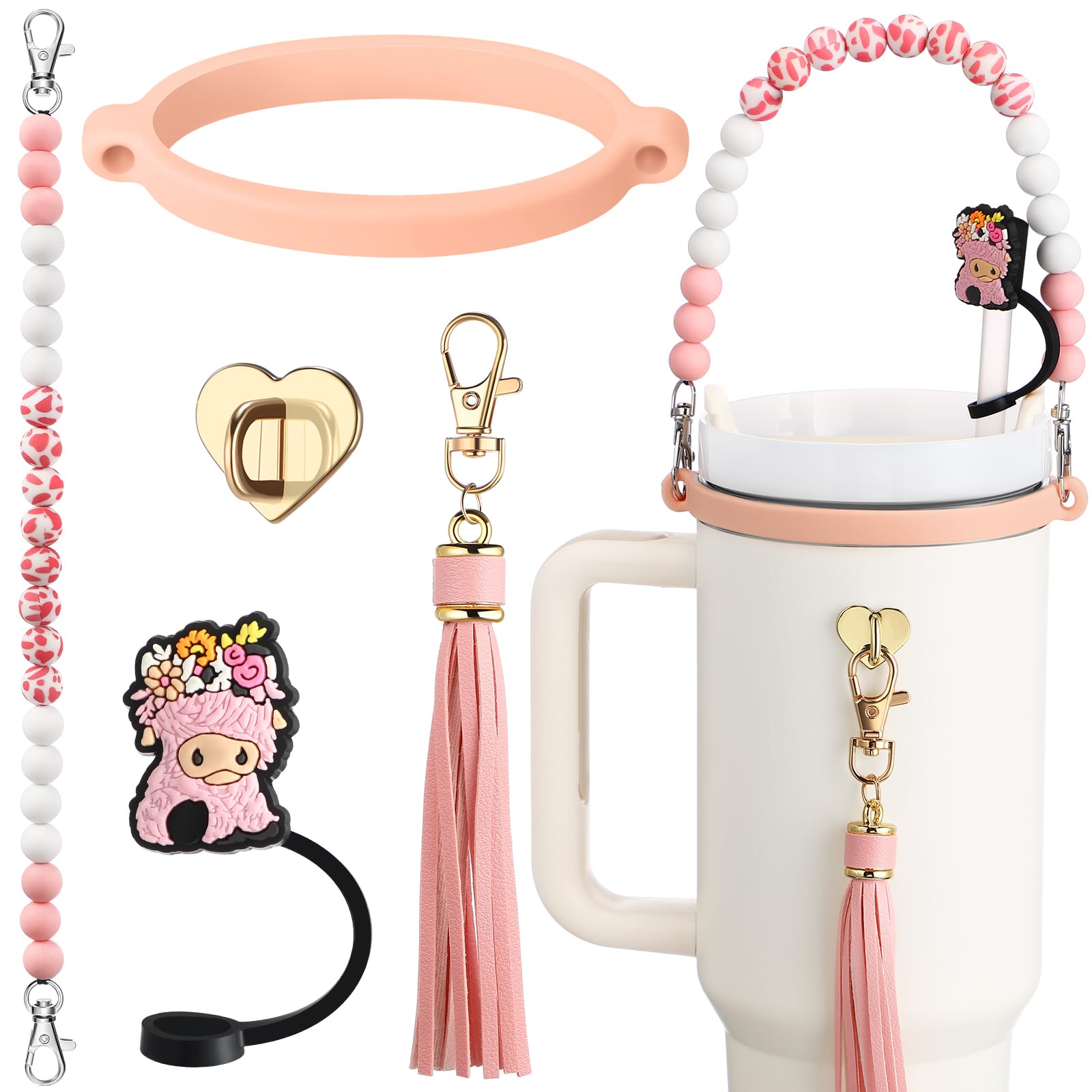 Skylety 5 Pcs Highland Cow Cup Accessories Set Compatible with Stanley Cup Include Silicone Beaded Bottle Strap Leather Tassel Charm Cow Straw Topper
