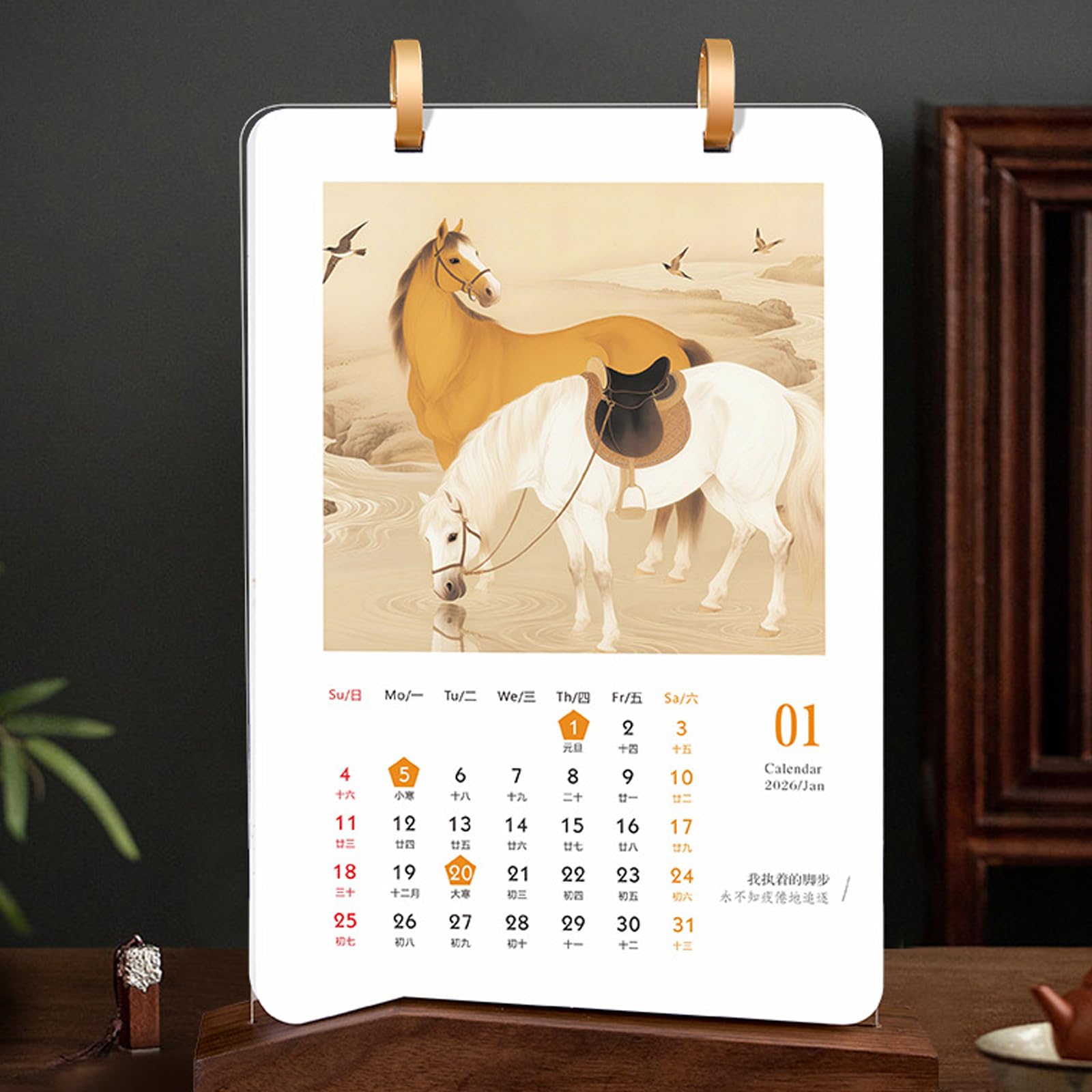 Calendario mensual de escritorio 2026 con soporte de madera para decoración de escritorio e interiores con base de madera