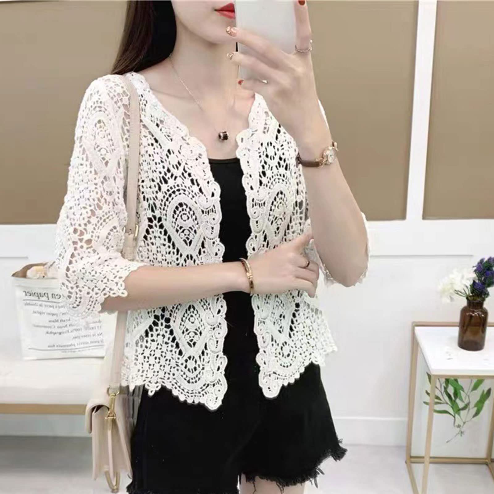 BOGEEL Women Knit Lace Shrug Hollow Crochet Floral 3/4 Sleeve Open