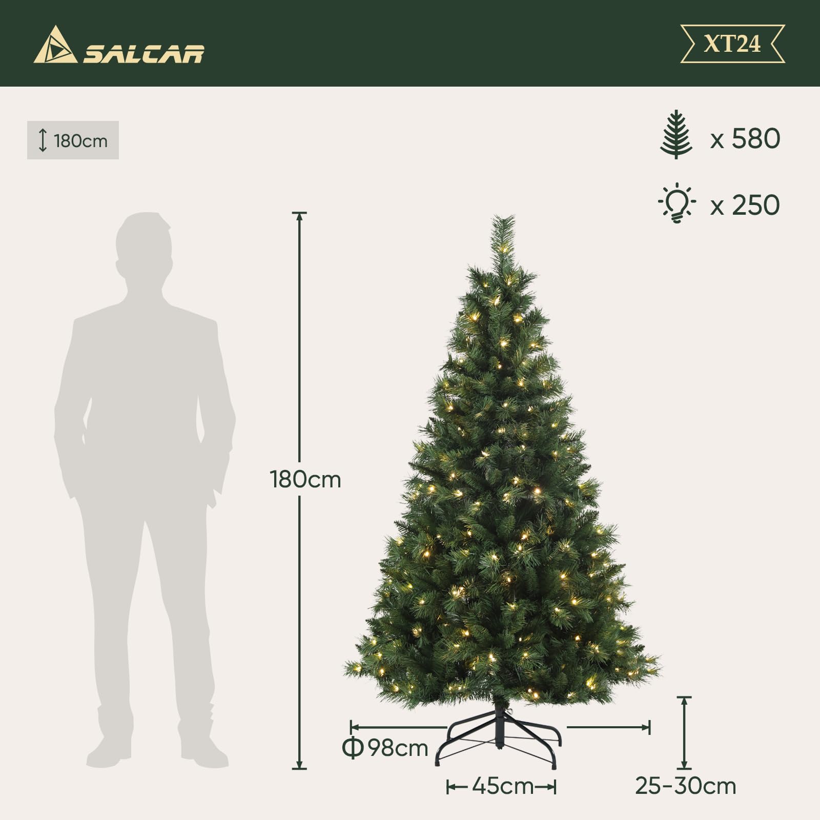 SALCAR Arbol de Navidad con Luces Incorporadas 180 cm, Árbol de Navidad Artificial con Guantes y 580 Puntas de Rama, Pino de Navidad con Soporte de Metal, Abeto, Ignífugo