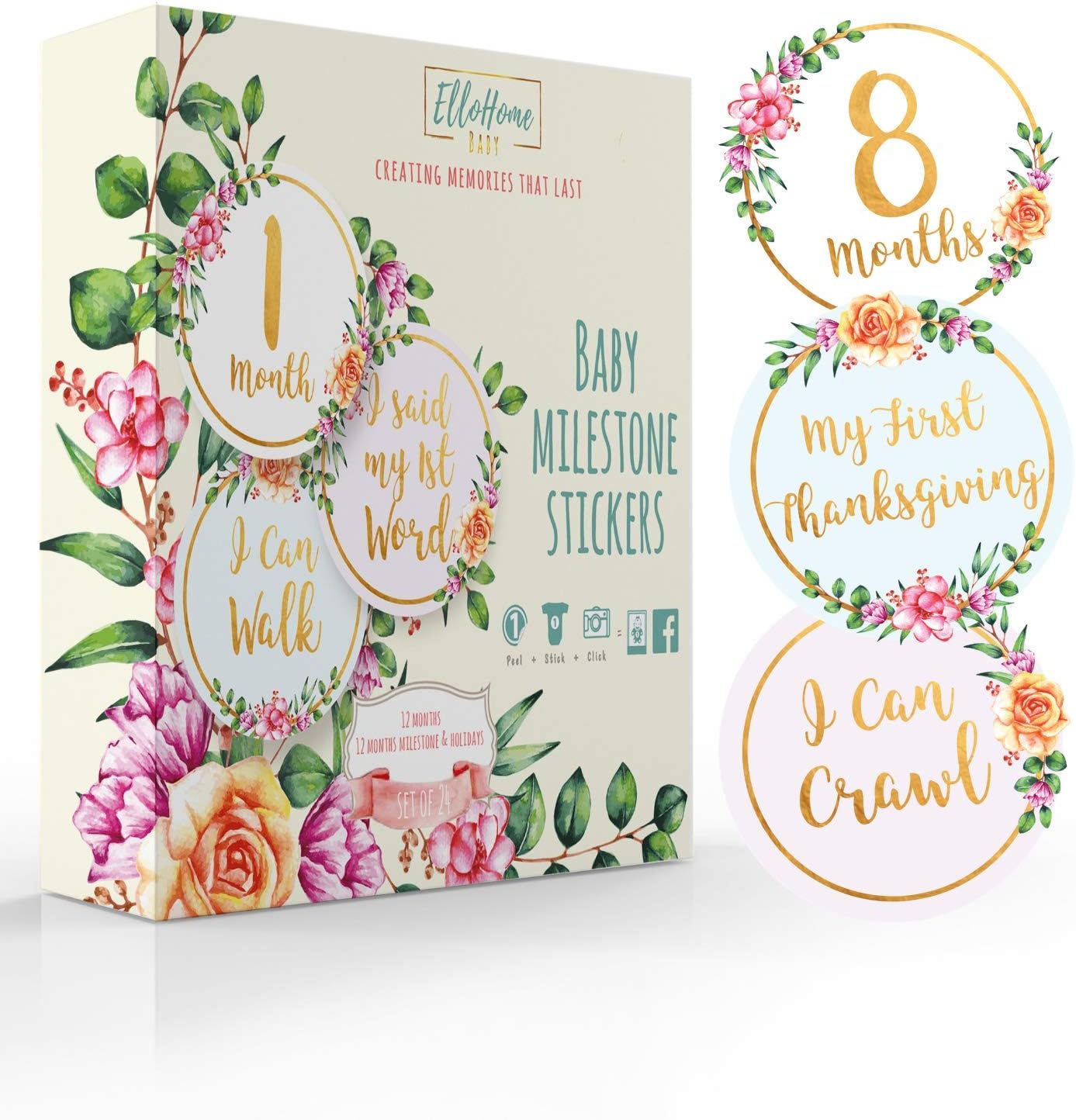Baby Monthly Milestone Stickers Set of 24, Premium Metallic Belly Month Sticker for Photo Album Scrapbook, Infant Girl Photo Keepsake, Best Baby Shower Gift for New Moms (Golden Floral, 24 Pack)