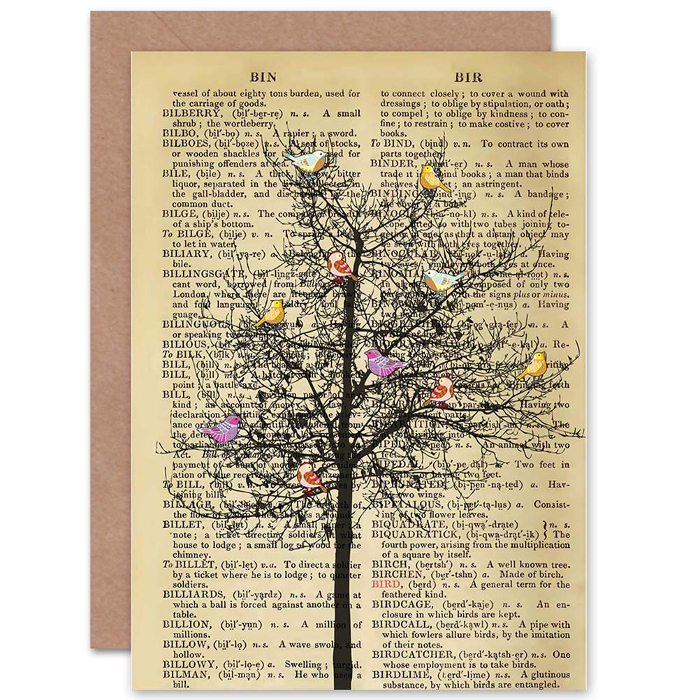 Wee Blue Coo GREETINGS CARD BIRTHDAY GIFT UPCYCLE DICTIONAY BIRDS TREE