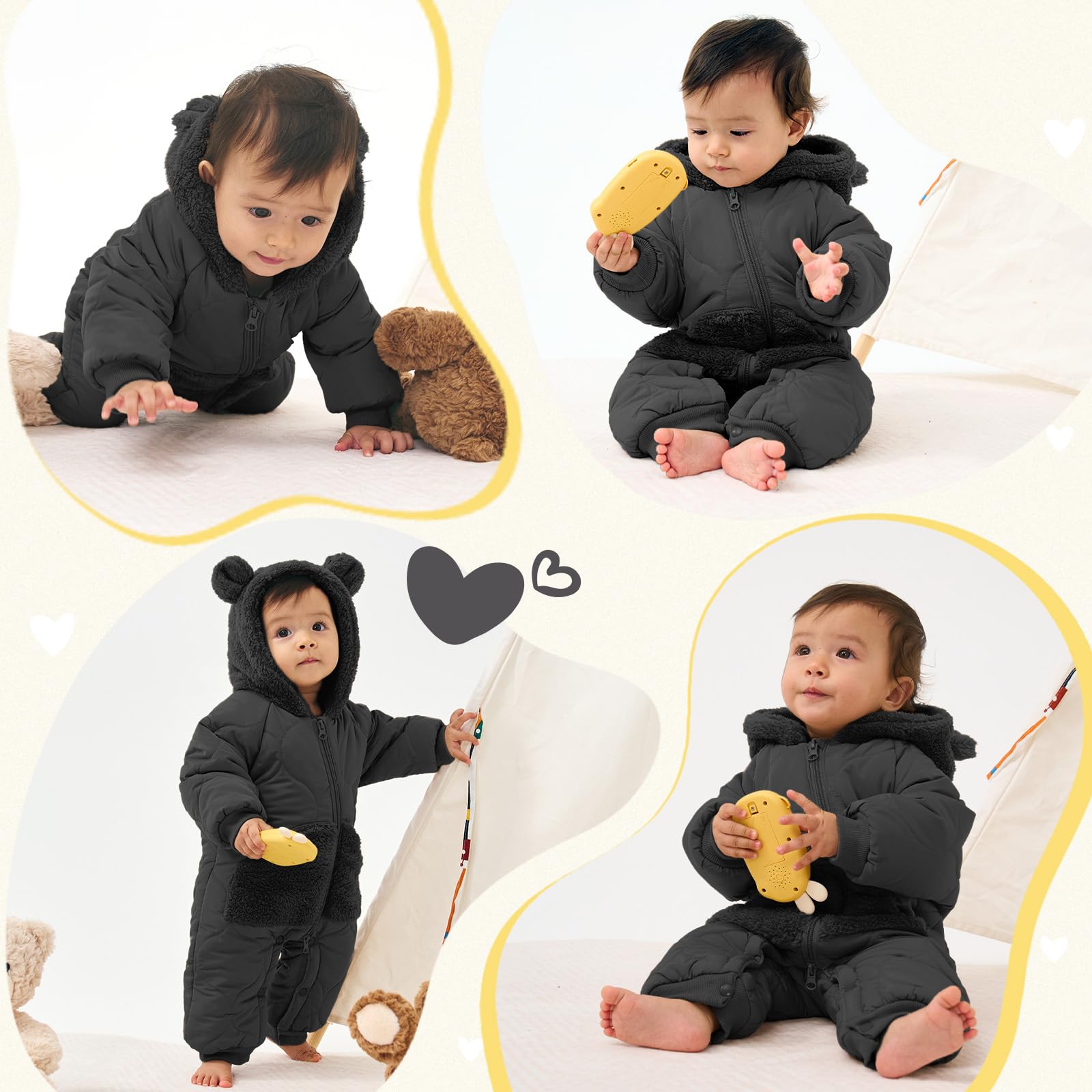 JiAmy Combinaison de neige d'hiver en polaire pour bébé – Grenouillère à capuche avec pieds – 3-24 mois