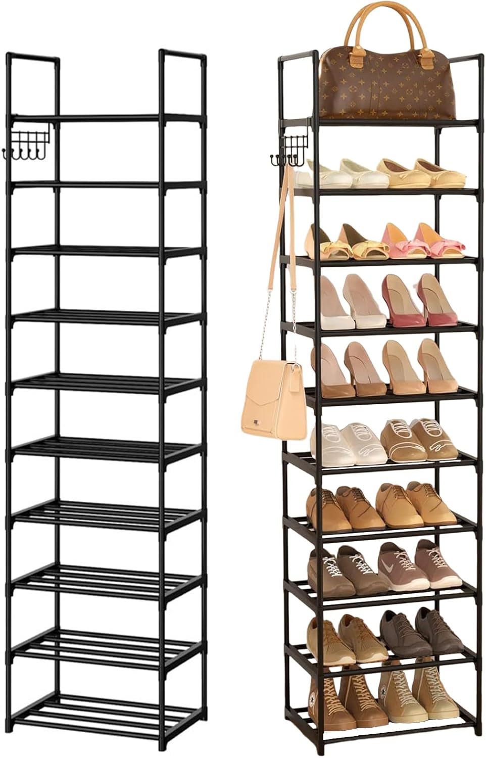 Shoe Rack Narrow 10 Tiers Tall Shoe Rack 20-25 Pairs Metal Shoe Rack Organizer Storage Sturdy Shoe Racks for Closets Shoes Stand Shoe Shelf with Hooks, 16.9L x 11.8W x 68.9H Inch