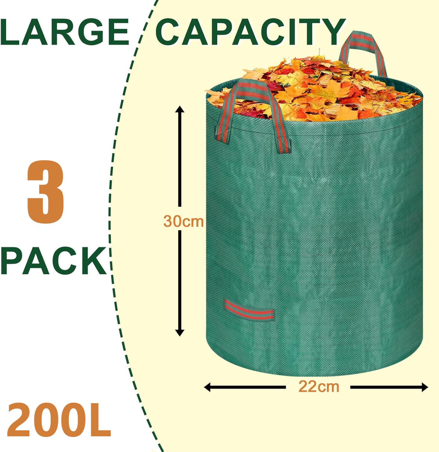 Bolsas de jardín, 3 x 200L Autoportantes y Plegables, Bolsas de Hojas Autoportantes, para Residuos de Jardín, Hojas Secas, Restos de Poda