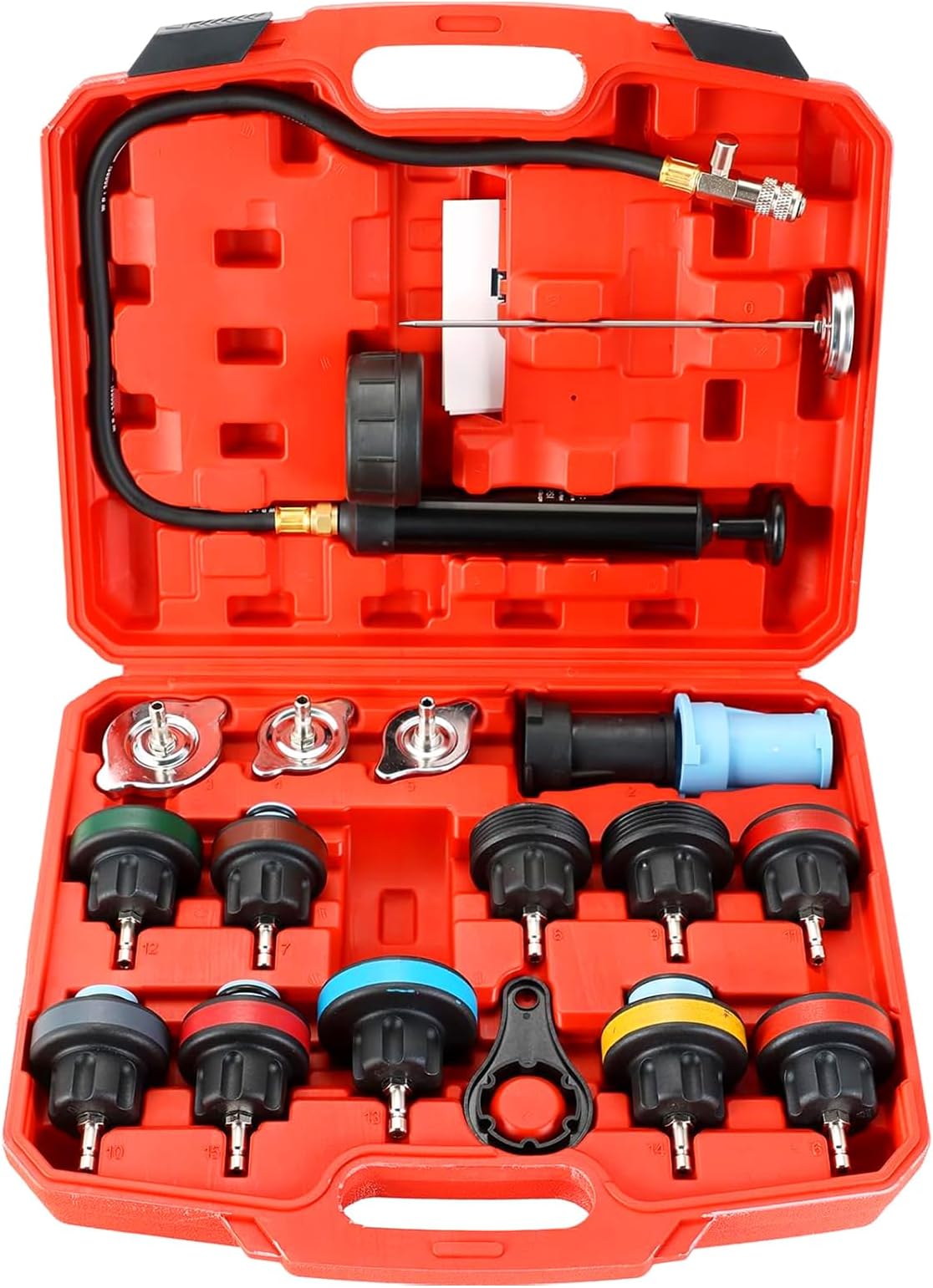 DASBET 18PCS Radiator Pressure Leakage Tester Tool Kit, Automotive Cooling System Water Tank Leak Test Detector Set with Hand Pump and Nylon Adapters