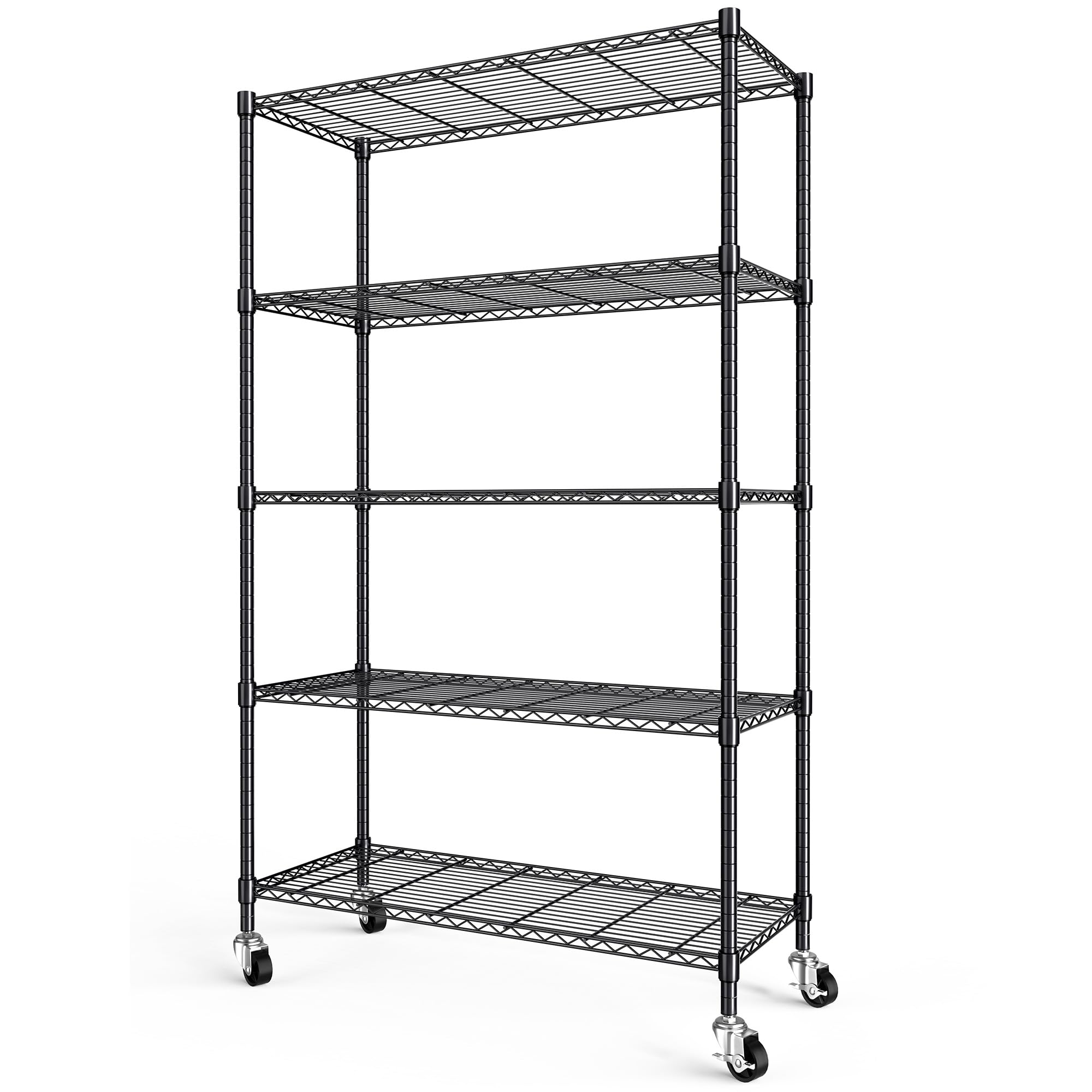 Himimi Scaffale Metallico con Ruote 5 Ripiani, Altezza Regolabile, Scaffalatura Robusta per Carichi Pesanti, Scaffale a Griglia per Cucina, Cantina, Ufficio & Bagno,116×45×187 cm Nero