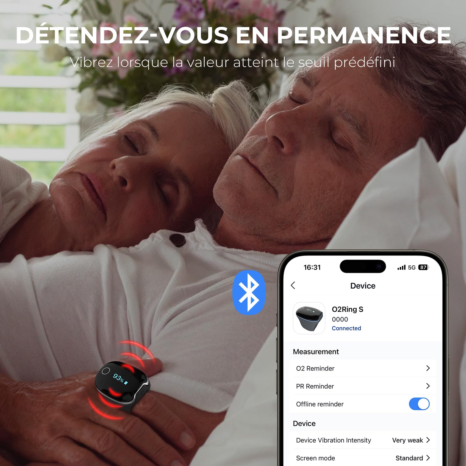 Wellue O2Ring-S Oxymètre de pouls avec Rappel de Vibration, Autonomie de 24 heures, Compteur de Saturation en Oxygène Rechargeable par Bluetooth, Suivi du Sommeil avec 4 x 10 Heures de Mémoire Intégré