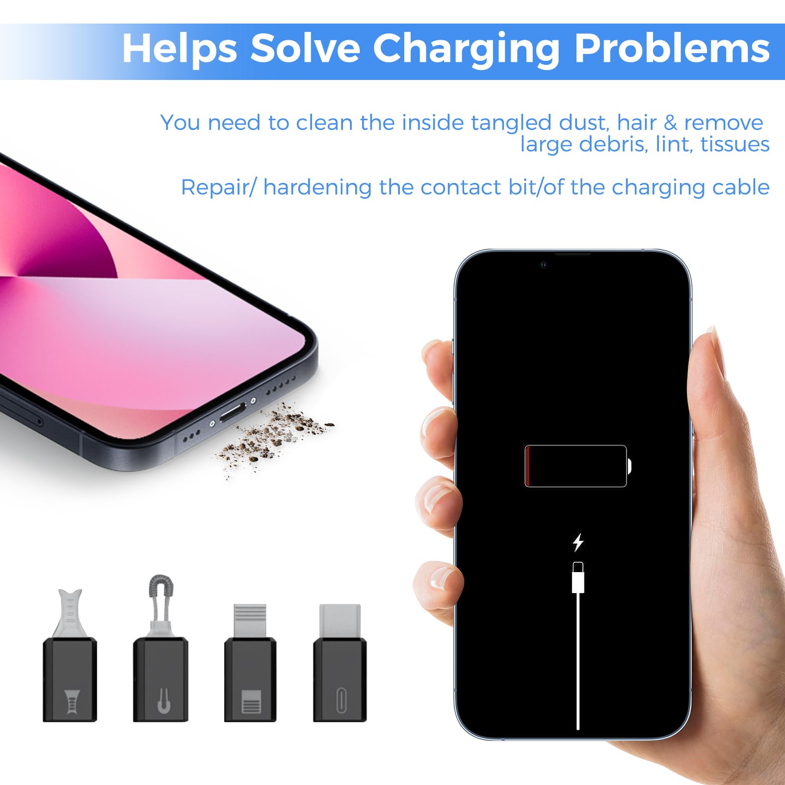 Ladeport Reinigungswerkzeuge für iPhone, JiaTeums Reinigungskits für Airpod, Handy, Reparatursätze für Laptop PC USB C Typ C Ladesteck und Lightning Datenkabel-Schwarz