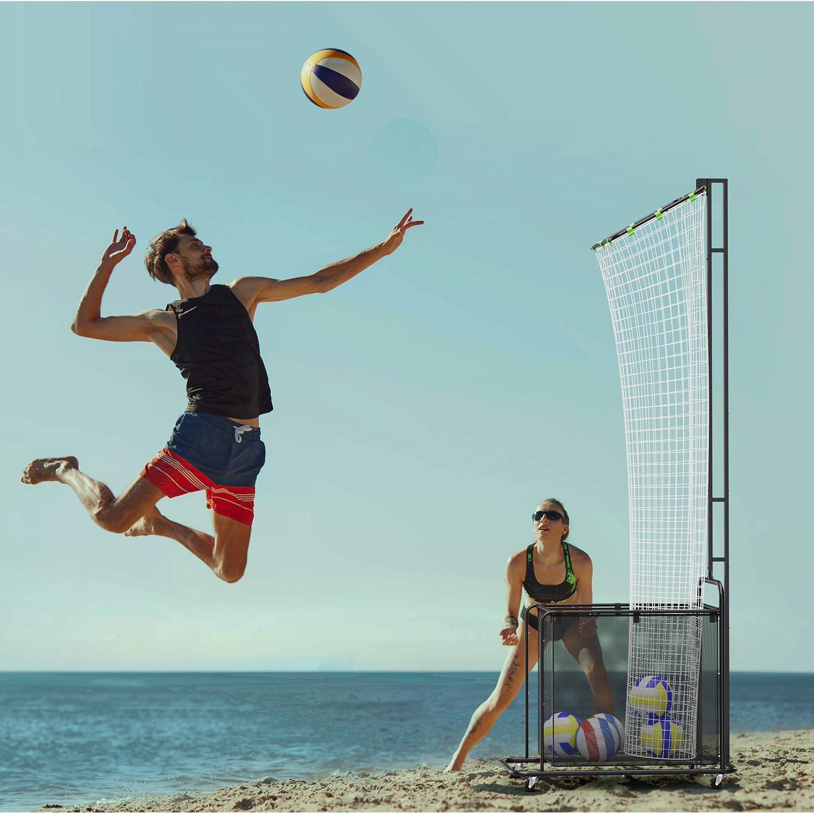 Filet d'Entraînement de Passeur Volley-Ball avec Roues – Système Réglable en Hauteur (1,75m-2,85m) et Angle