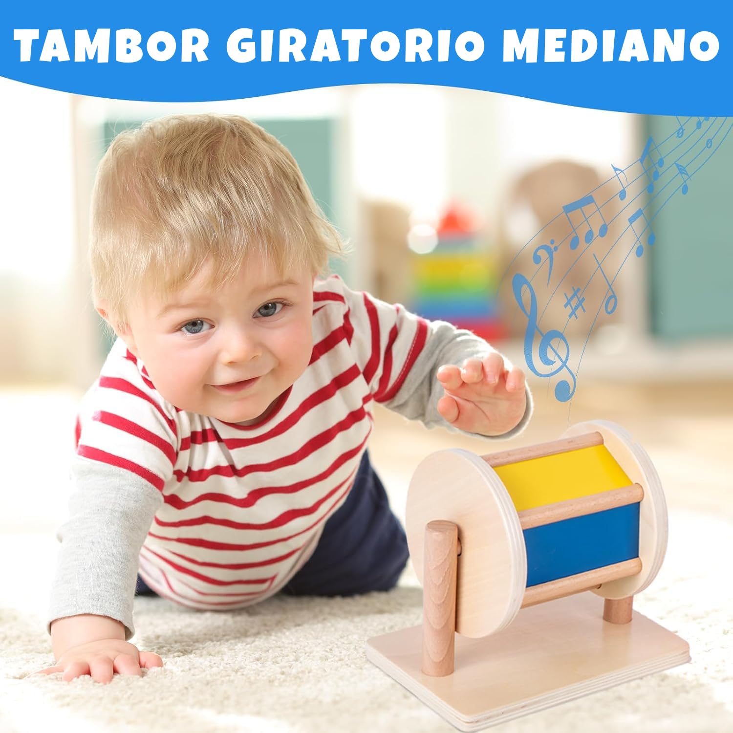 Adena Montessori Juego de juguetes para bebé con espejo Montessori, rompecabezas de botón Peekaboo, tambor giratorio medio y juego de bolas de tela arcoíris para niños de 6 a 12 meses (juego 3)