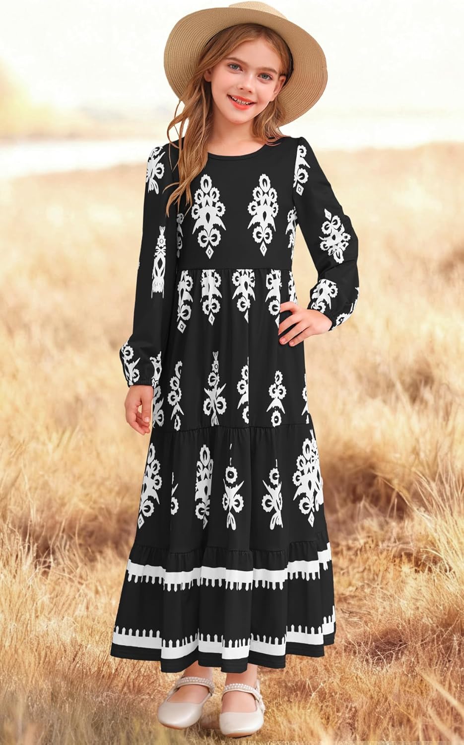 HOSIKA Girls Fall Maxi Dress Long Sleeve Boho Floral Tiered Ruffle A-Line Casual Holiday Dresses with Pockets for 6-12 Y - Image 4