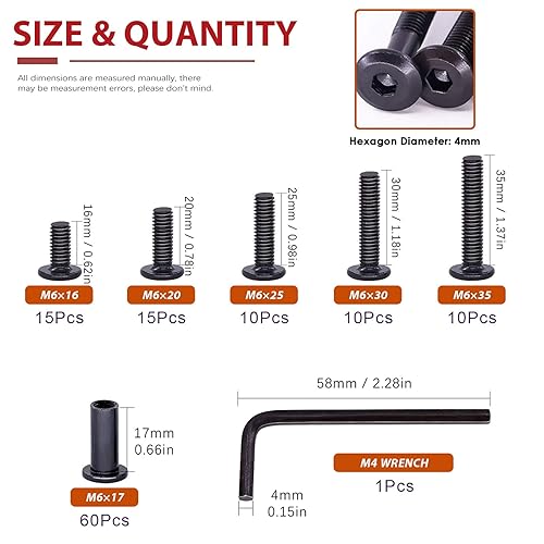 Miniatura 2 de Hilitchi Kit de 120 tornillos de cabeza avellanada M6, tornillos de cabeza avellanada, tuercas de barril, tuercas de cuna, kit surtido de tuercas