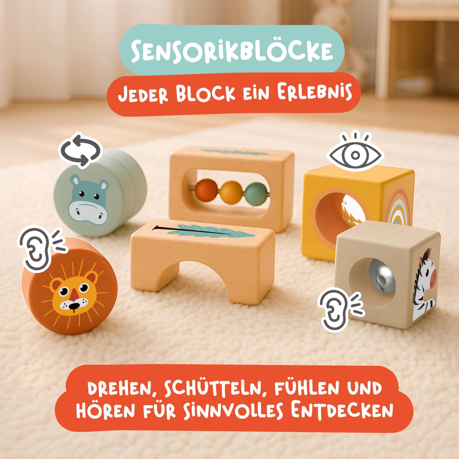 Nene Toys Spielzeug ab 1 Jahr – Montessori Baby Holzspielzeug 4-in-1 Set mit Klangbausteinen, Regenmacher, Stapelturm & Giraffe-Labyrinth – Holzbausteine Motorikspielzeug – Geschenk Junge Mädchen