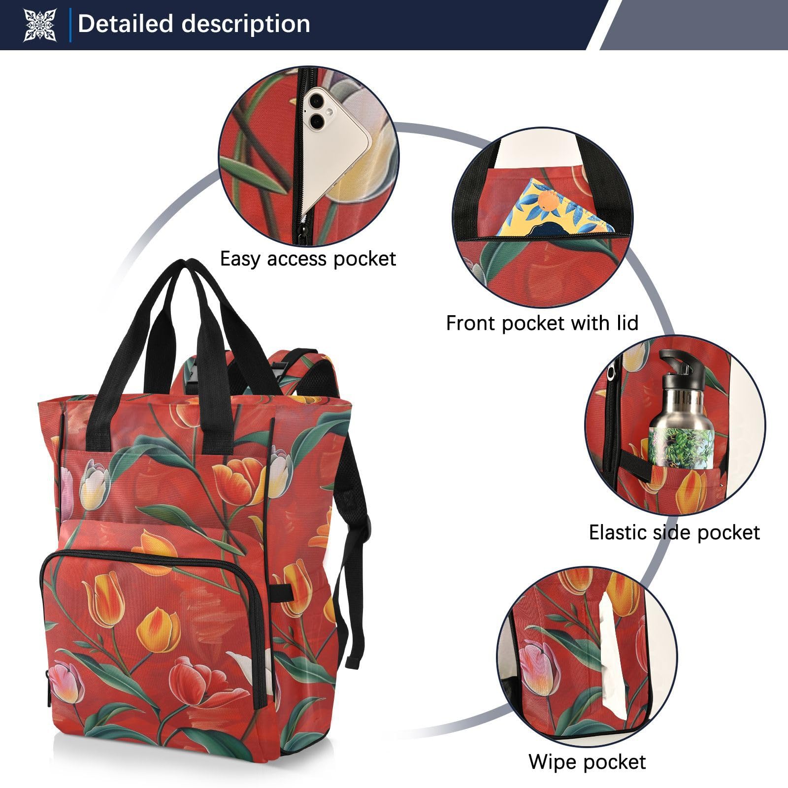 Grandi borse per pannolini unisex da viaggio grandi tulipani