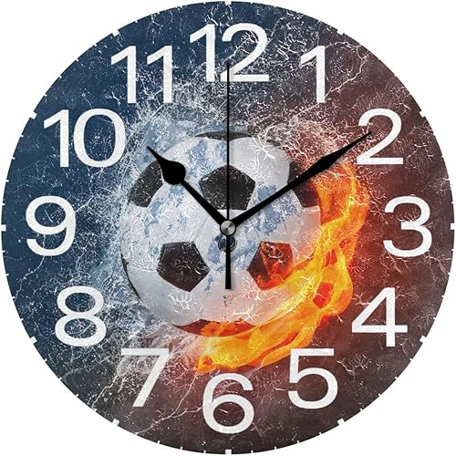 Miniatura 1 de Kigai Reloj de pared de balón de fútbol en fuego y agua, silencioso sin tictac, 10 pulgadas, funciona con pilas, relojes de pared redondos para