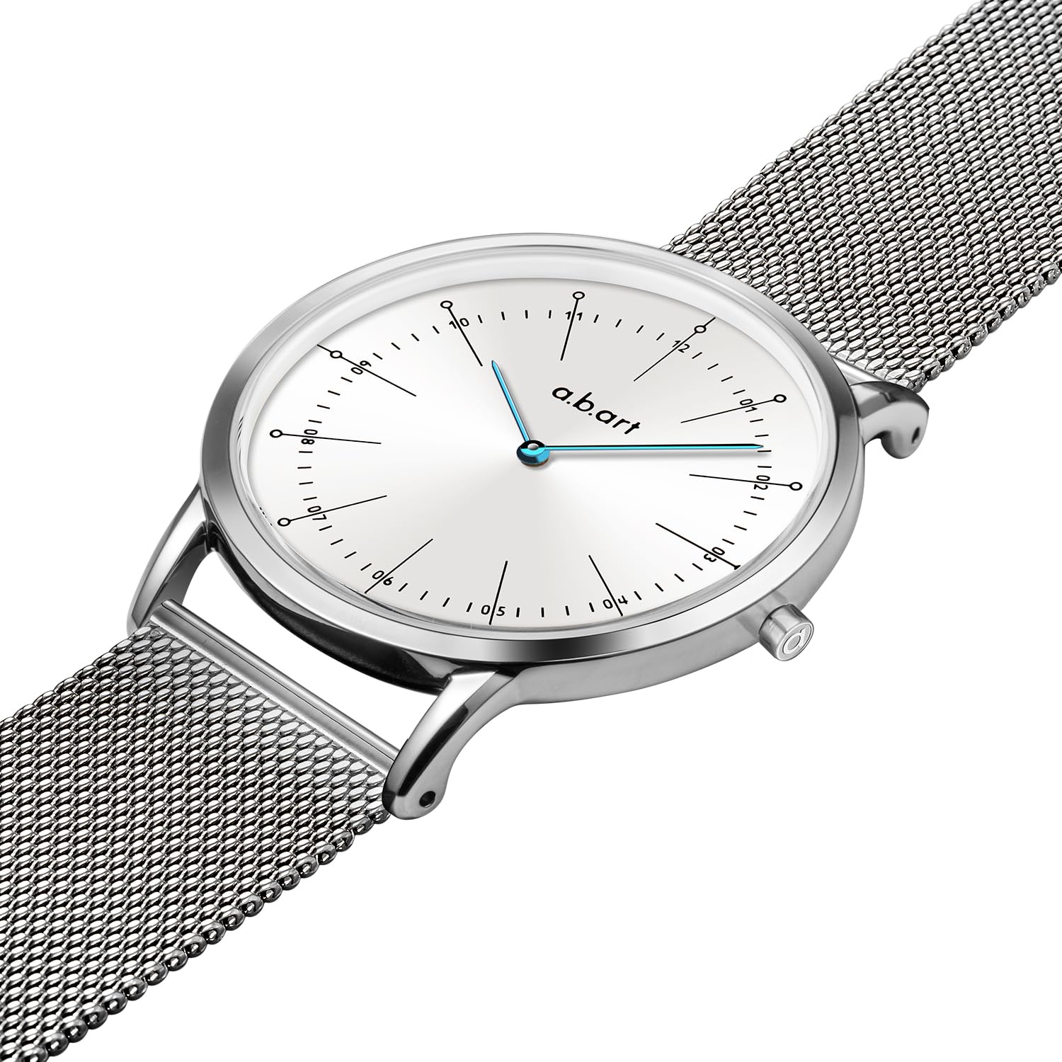 a.b.art Herrenuhr, Quarzuhr mit Schweizer Ronda-Uhrwerk, Saphirglas, weißes Zifferblatt, silbernes Milanaise-Armband, ultraflaches Design, 41 mm