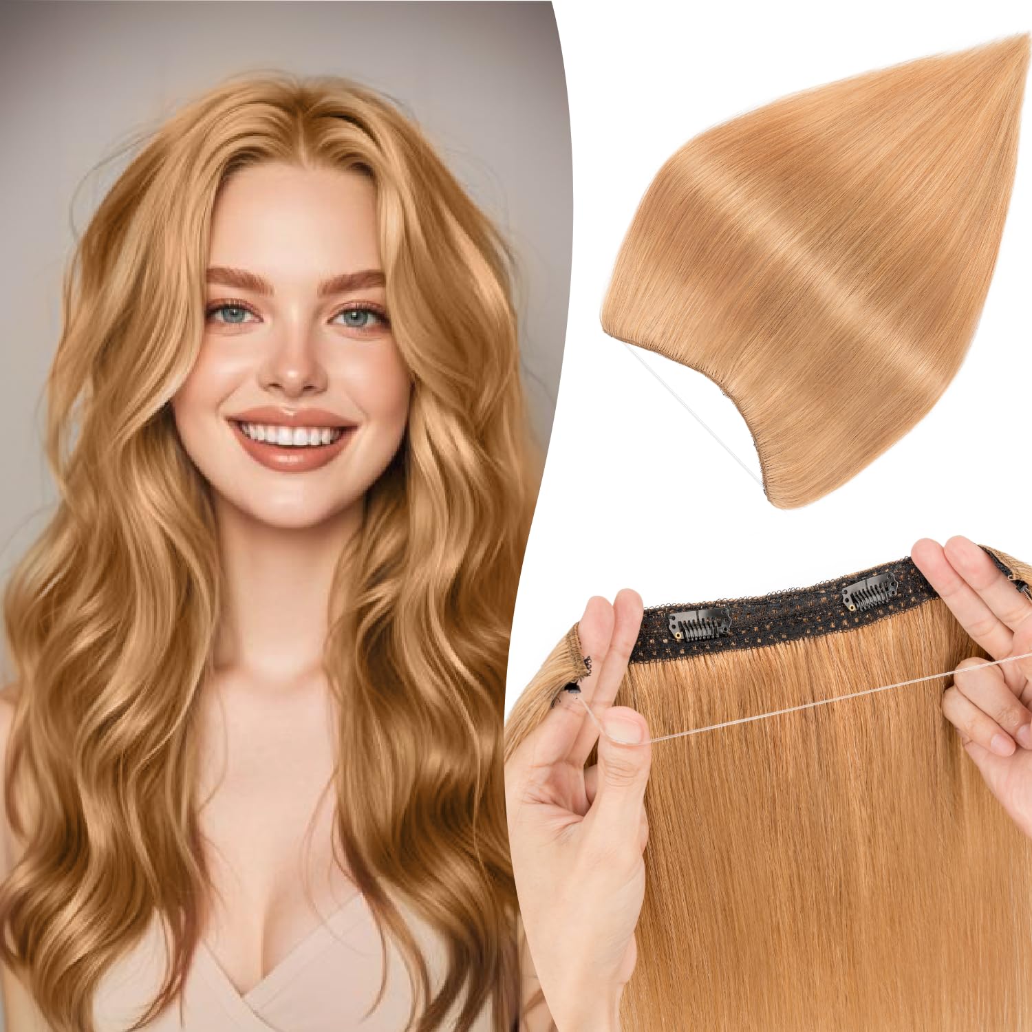 TESS Halo & Clip in Hair Extension 100% Real Human Hair Wig One Piece Adjustable Invisible Transparent Wire with 2 Secure Clips for Women UK #27 Dark Blonde 16 inch 65g