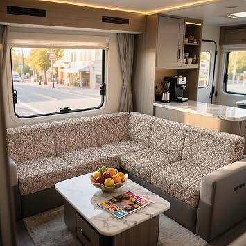 1 Piece RV Dinette Cushion Cover with 4 Straps, Stretch Embossed Velvet Fabric Seat Covers for Sofa Couch Camper Car Trailer Bench Khaki,W 39-51 in, D 12-20 in