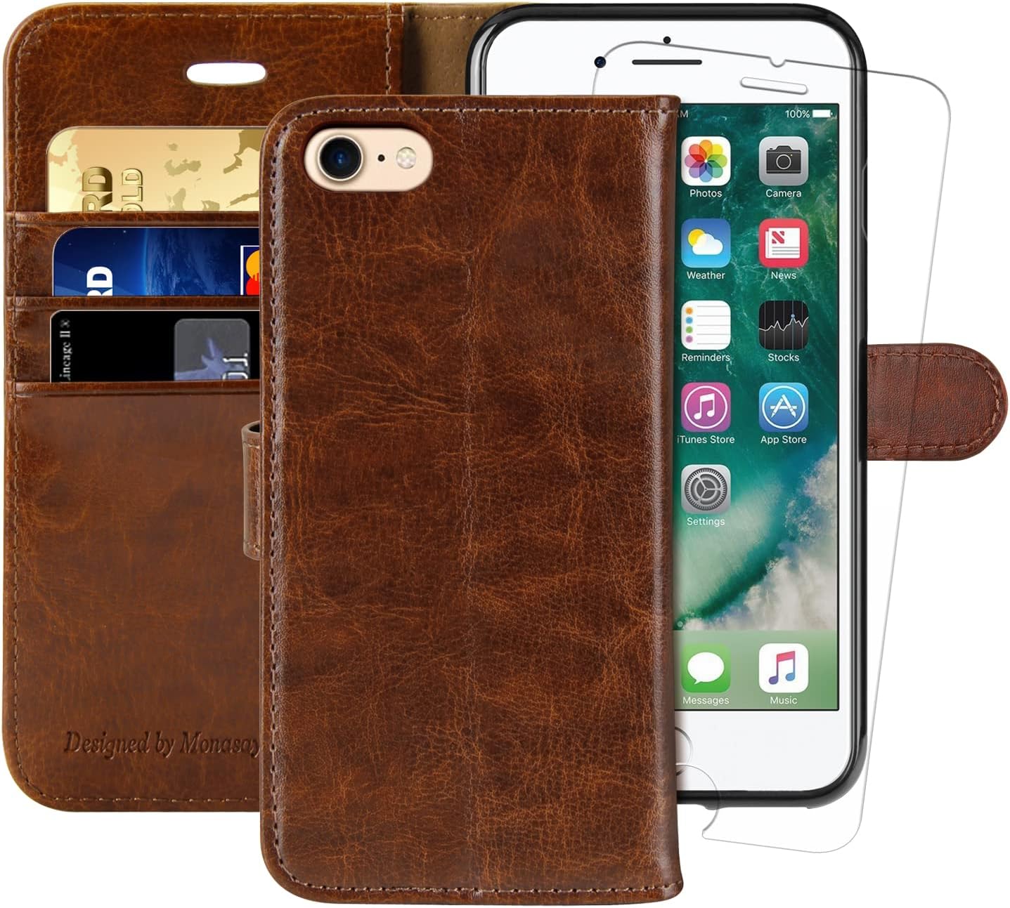 MONASAY iPhone SE 2022/2020 5G Case,iPhone 8 Wallet Case, iPhone 7 Case,4.7-inch, [Glass Screen Protector] Flip Folio Leather Cell Phone Cover with Credit Card Holder for Apple 7/8/SE2/SE3,Brown