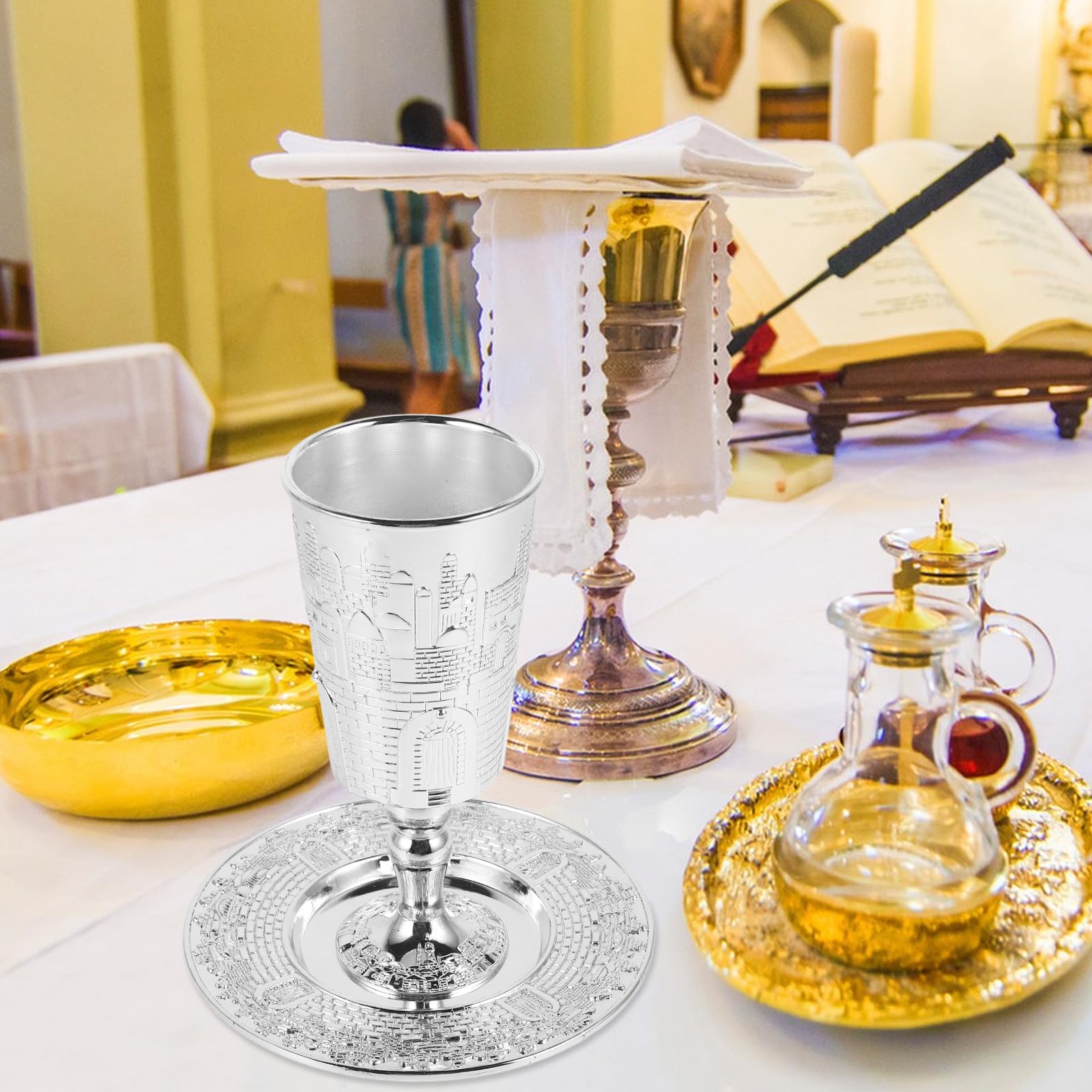 Set de Coupe en Alliage de Zinc Argenté Facile à Nettoyer avec Soucoupe Assortie Kiddouch Sainte Design Solide pour Shabbat et Fêtes Juives