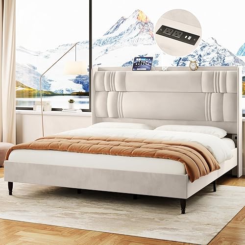 King Size Bed Frame with Tall Headboard, 52" Velvet Upholstered Platform Bedframe with Charging Station, King Beds Storage Headboard, No Box Spring Needed, Wood Slats, Cream