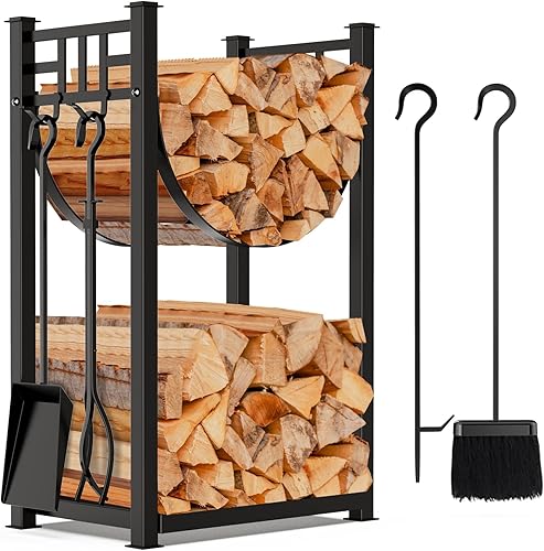 AMAGABELI GARDEN & HOME Estante grande de leña de 31.6 pulgadas, juego de herramientas para chimenea, soporte de madera para interiores, con