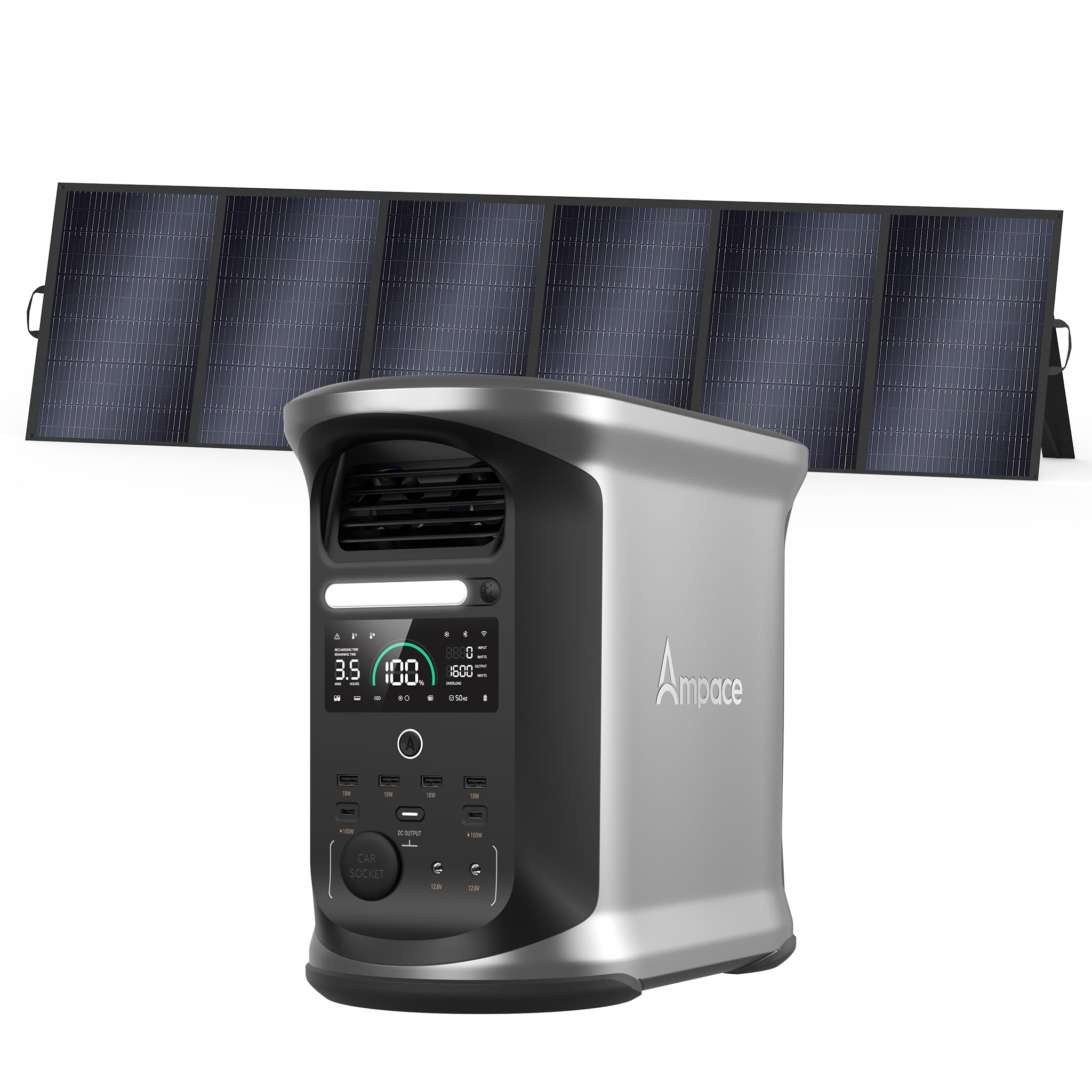 AMPACE 2400W Solar Power Station with 500W Solar Panels Andes 1500, 1462Wh Battery Generator with 4 AC Outlets, 1H Full Charging, APP Control Battery