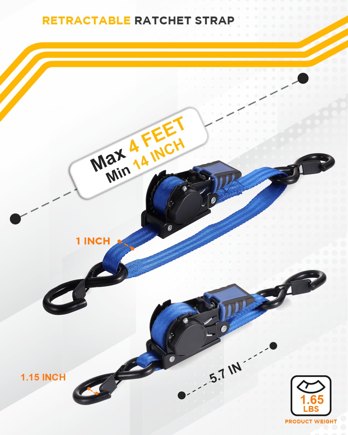 Strapinno - 2 Correas de Amarre, trinquete, retráctiles, 2,5 cm x 1,2 m, Resistente, Barco, Moto acuática, Resistencia a Rotura 1088 kg, Gancho en S, Clip de Seguridad, Seadoo, Waverunner, PWC, Azul
