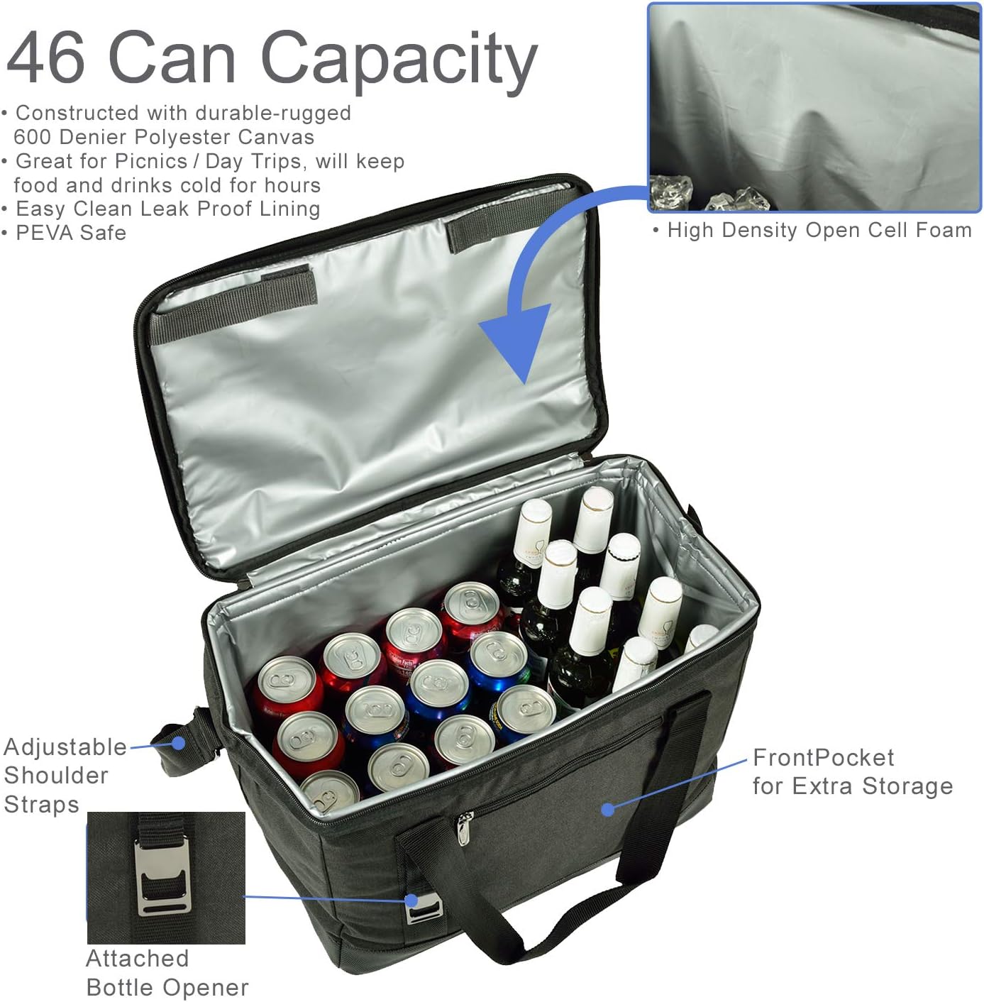Picnic at Ascot Folding Insulated Leakproof Cooler for Lunch Picnic Camping Beach Park Day Trips - 46 Can Capacity