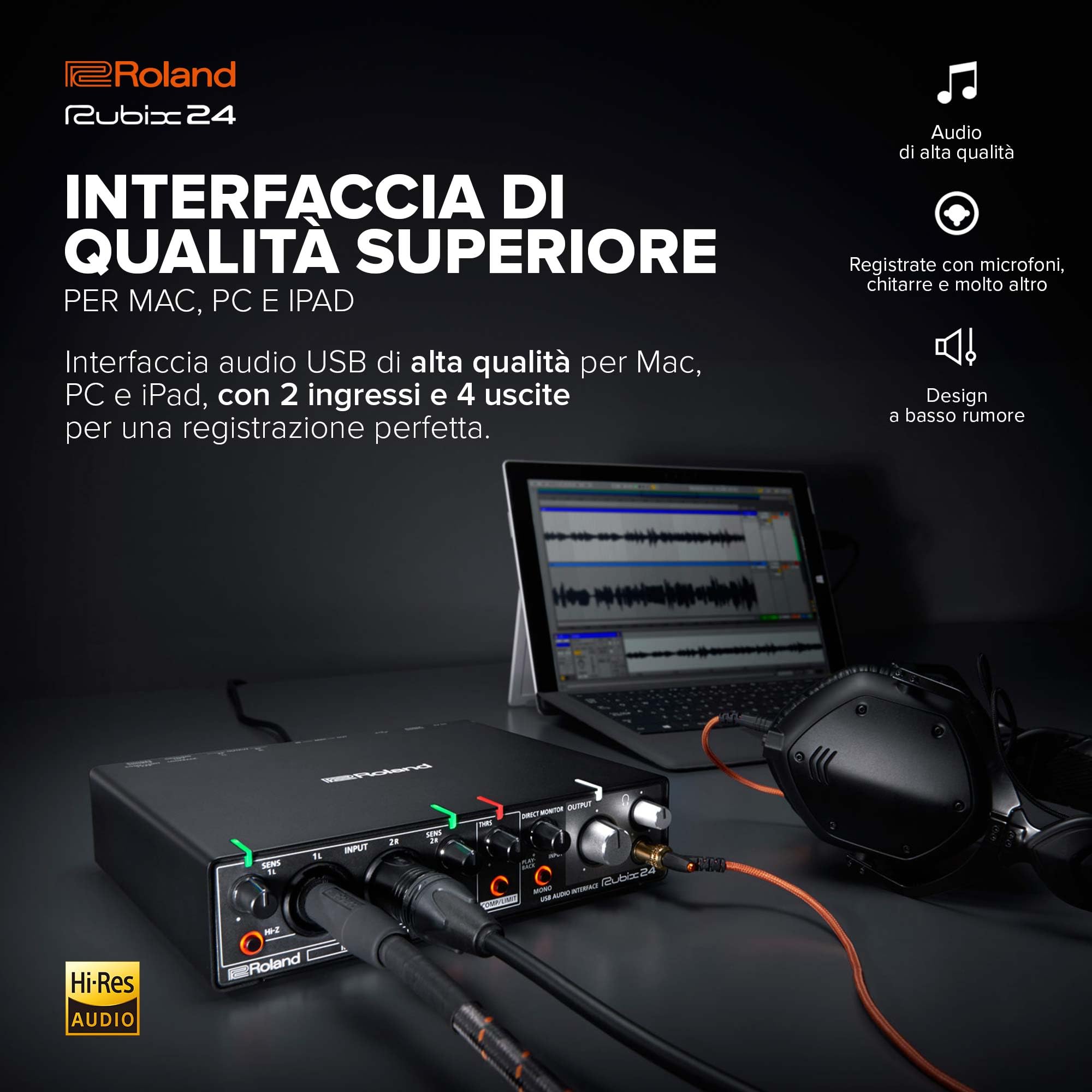 Interfaccia audio USB Roland Rubix24 2-In/4-Out | Audio ad alta risoluzione | Registrate con microfoni, chitarre, tastiere e altro | Costruzione compatta e durevole | Compatibile con Mac, PC & iPad
