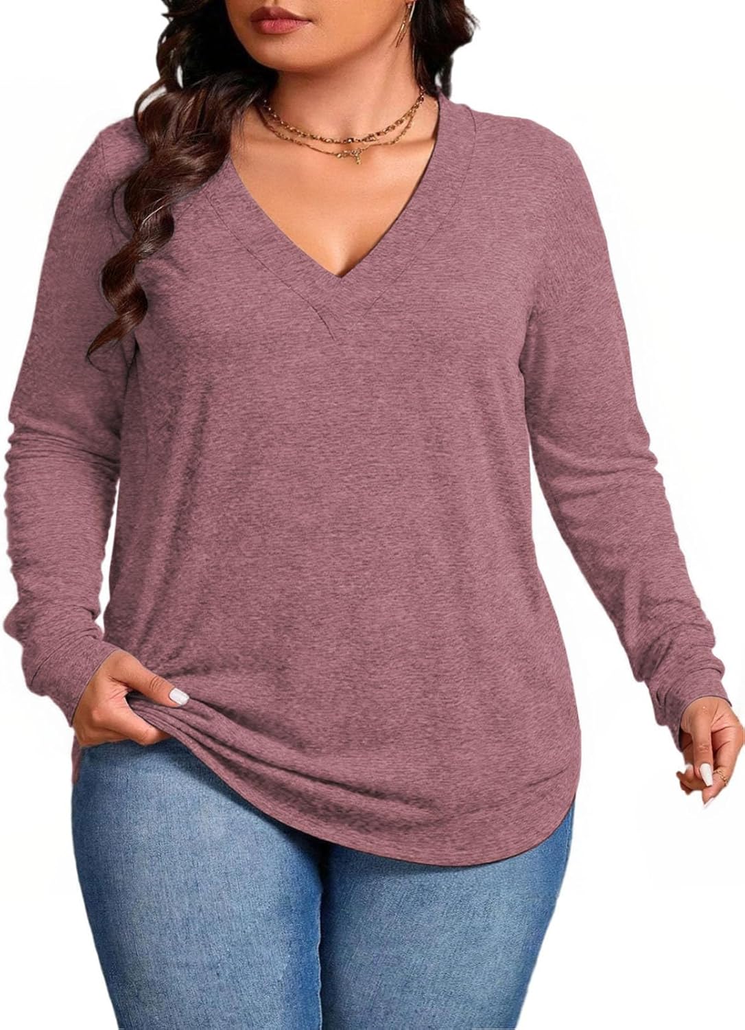VISLILY Plus-Size-Tops for Women Trendy V Neck T Shirts Casual Dressy Long Sleeve Tunics Tees Loose Fit Blouses XL-5XL - Image 2