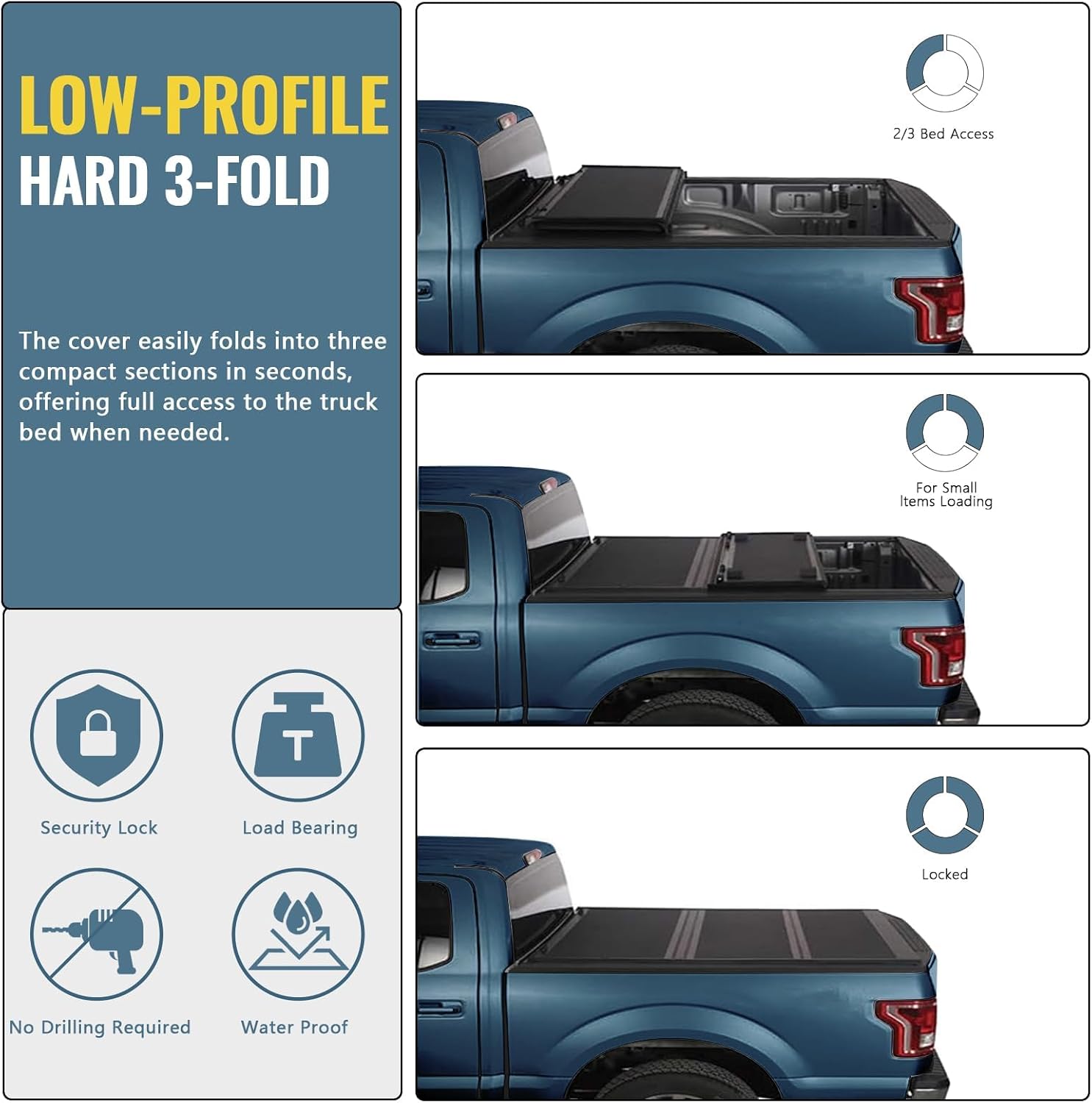 Perfit Liner FPR Low Profile Hard Tri-Fold Truck Bed Tonneau Cover Compatible with 2022-2024 Nissan Frontier 5 ft Bed, Waterproof One-Handed Open Anti-Theft