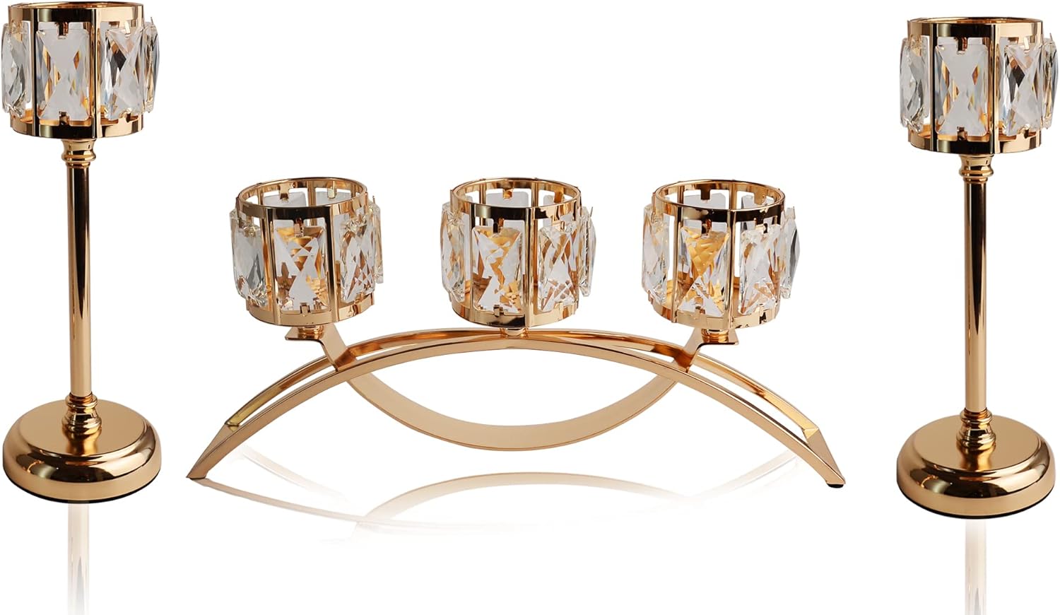 KEHAIL Gold Crystal Candle Holders 3 Arms (Set of 3