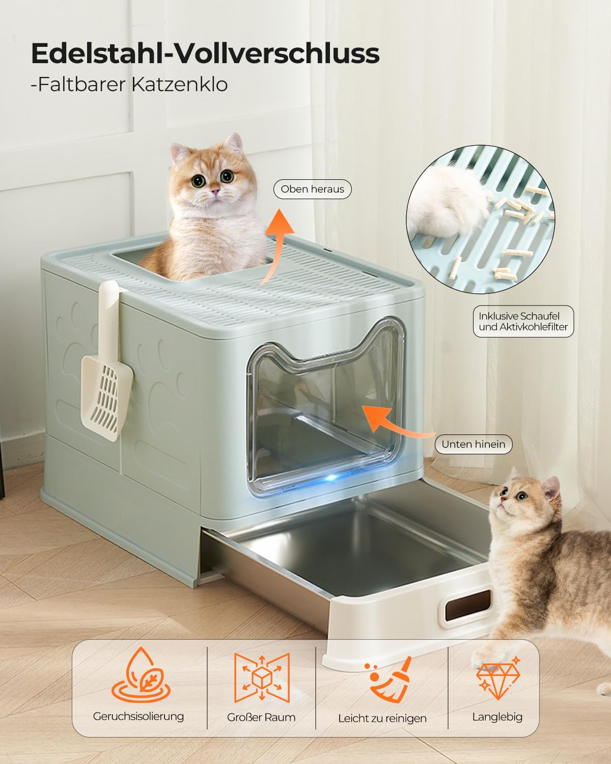 XXL Katzenklo mit Deckel & Edelstahl-Schublade, geschlossenes geruchsfrei Katzenklo, hop-in Katzentoilette, Anti-Streu-Design, Katzenklo-Schaufel, Stainless Steel Litter Box, Blau