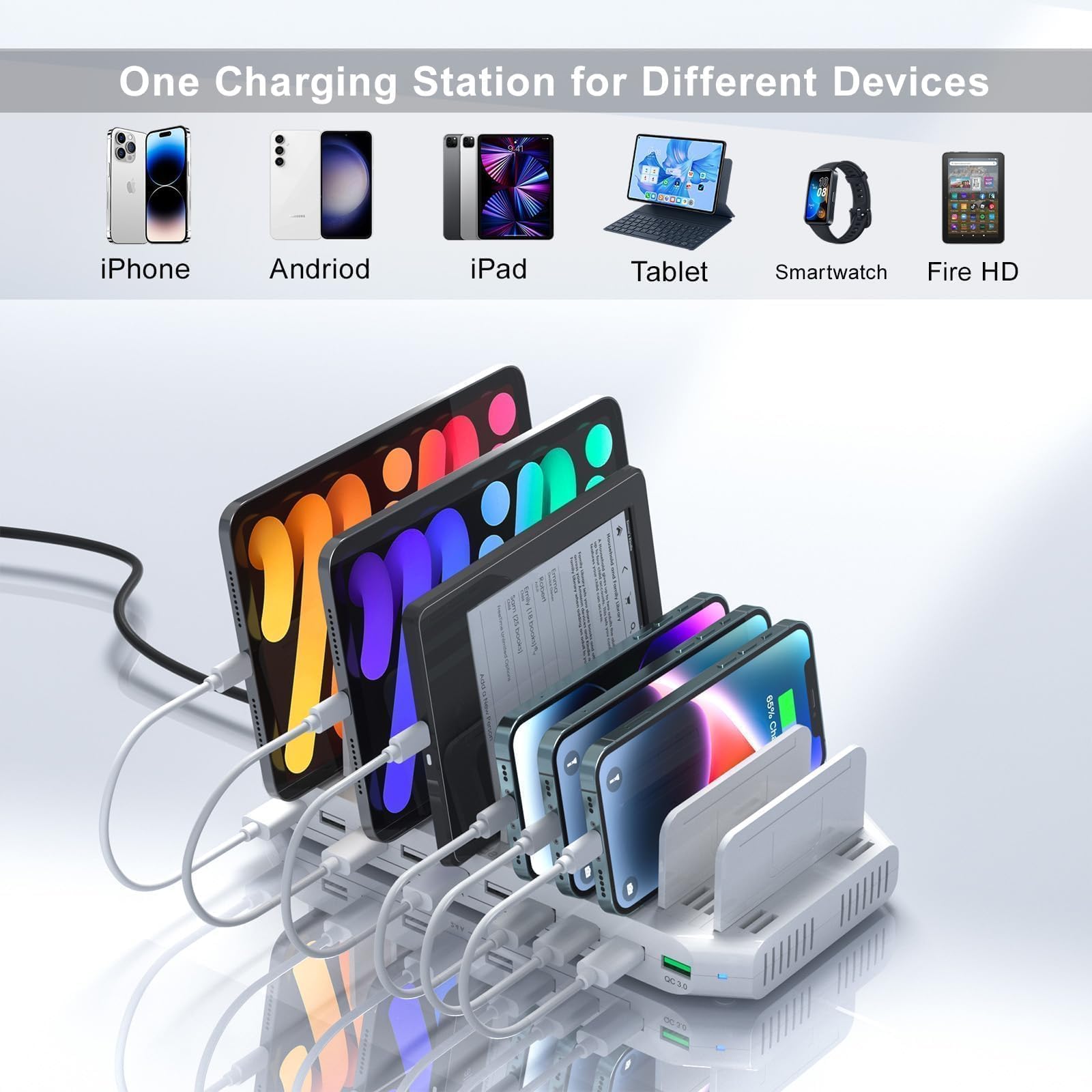 Multiple Device USB Charging Station, 10 Ports Charging Station for Multiple Devices, USB Charging Dock with Adjustable Dividers Compatible with Tablets, Smartphones-60W