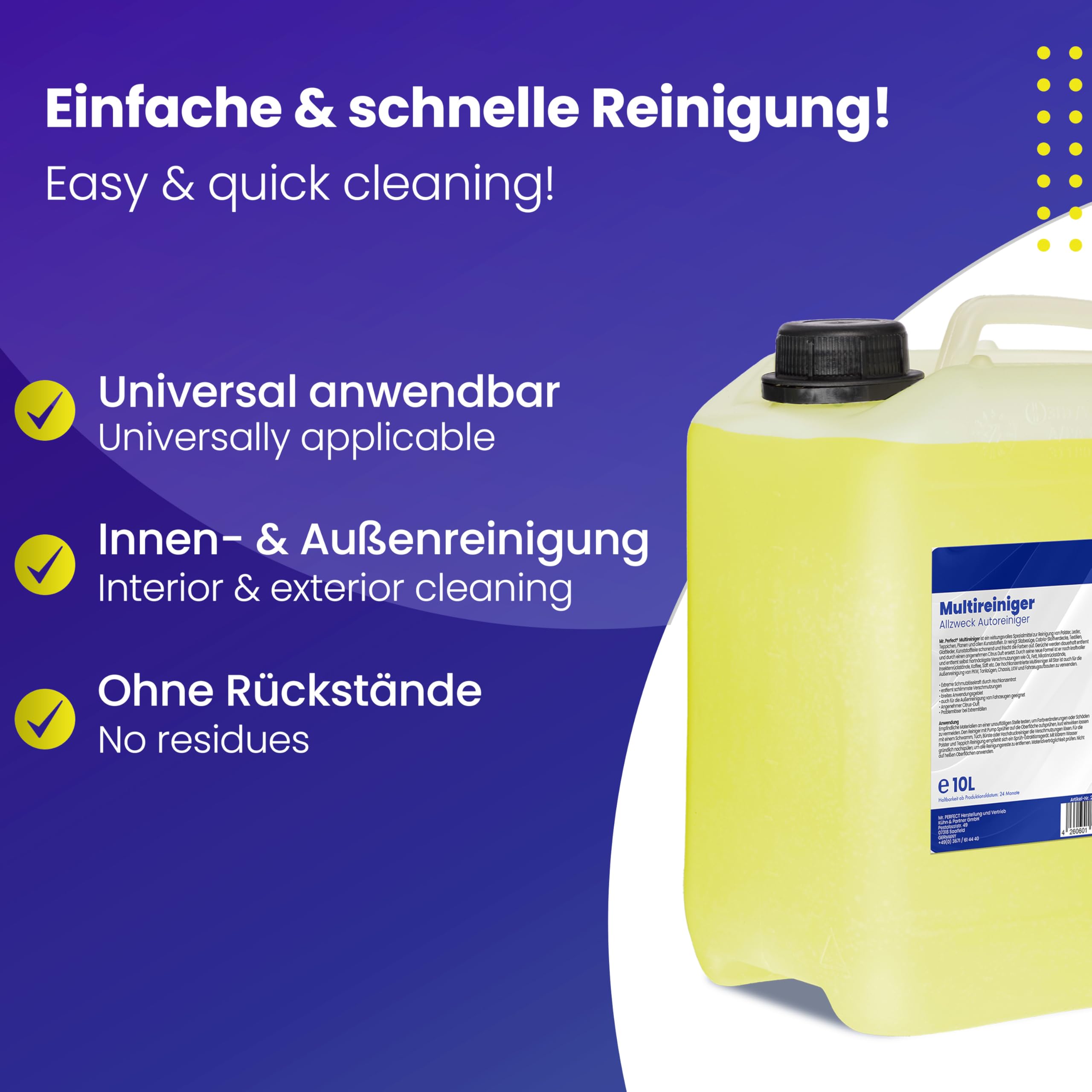 Mr. Perfect - Multi Star Multireiniger 10L Konzentrat - Polsterreiniger, Teppichreiniger, Textilreiniger, Kunststoffreiniger und Autoinnenreiniger - Autoreinigung Innen & Außen