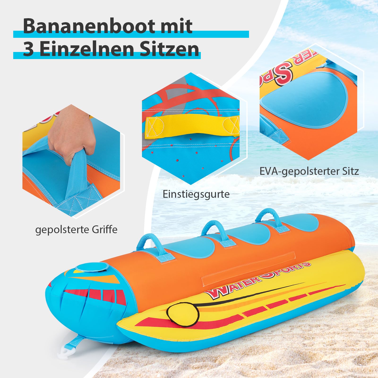 COSTWAY Bananenboot für 3 Personen, Towable Tube mit 3 Eva-gepolsterten Sitzen und Griffen, Wassersport Funtube, Formula Tube für Boot, Reparatursatz enthalten