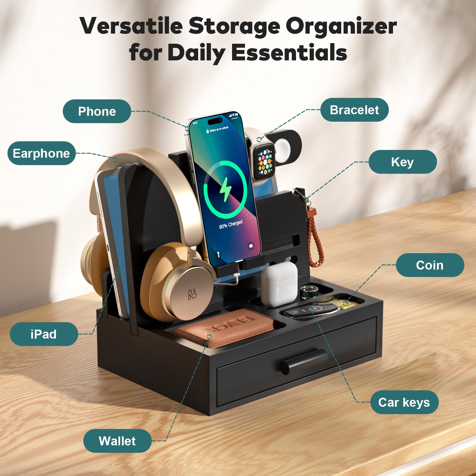 Sephyroth Docking station per telefono in bambù, organizer per comodino, supporto per cellulare, regalo per uomini, regalo di Natale per fidanzato, regalo per marito, con cassetto portaoggetti (nero)