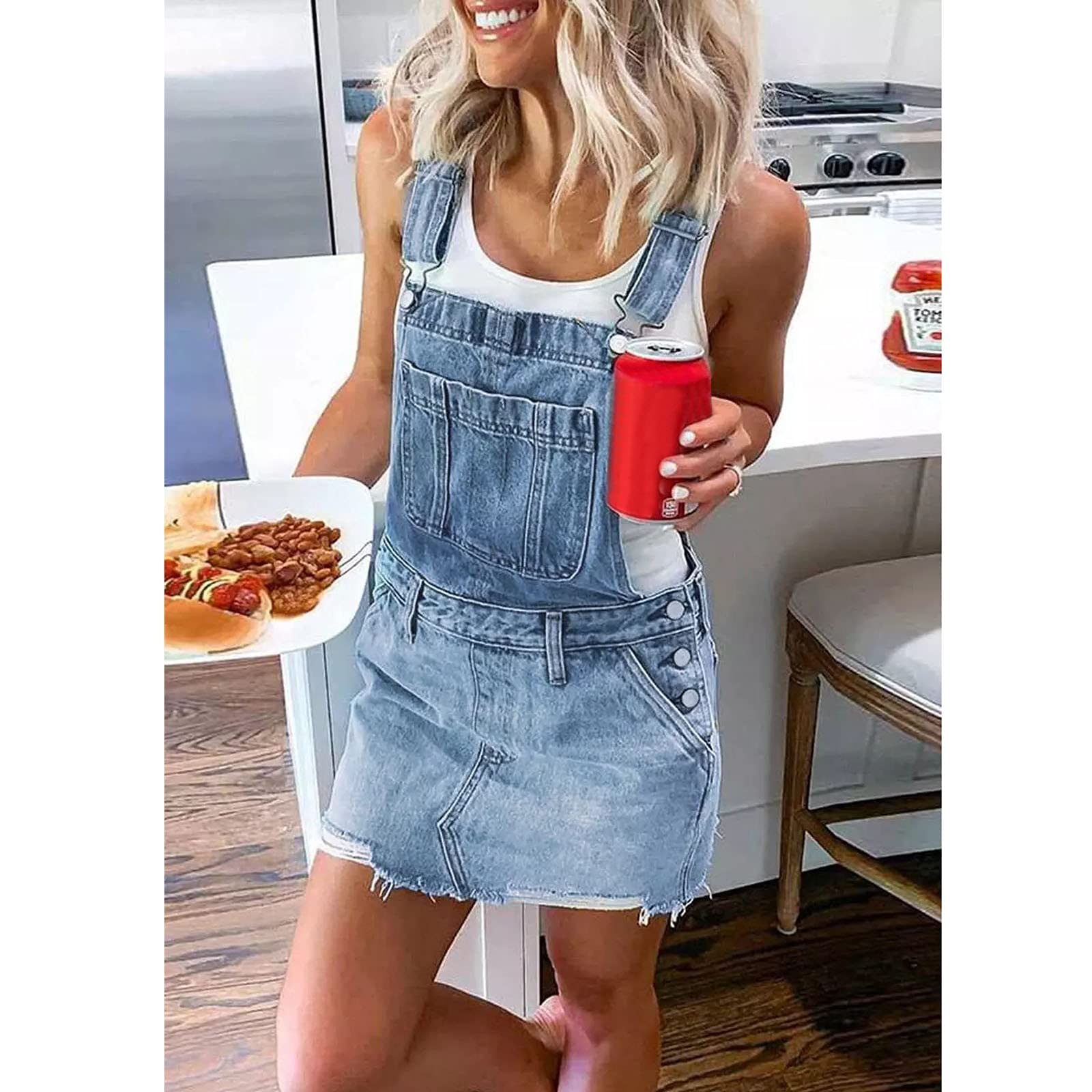 Salopette da donna corta oversize, con salopette estive, in jeans, mini gonna, in denim, con salopette in denim, senza maniche, con salopette, grigio.