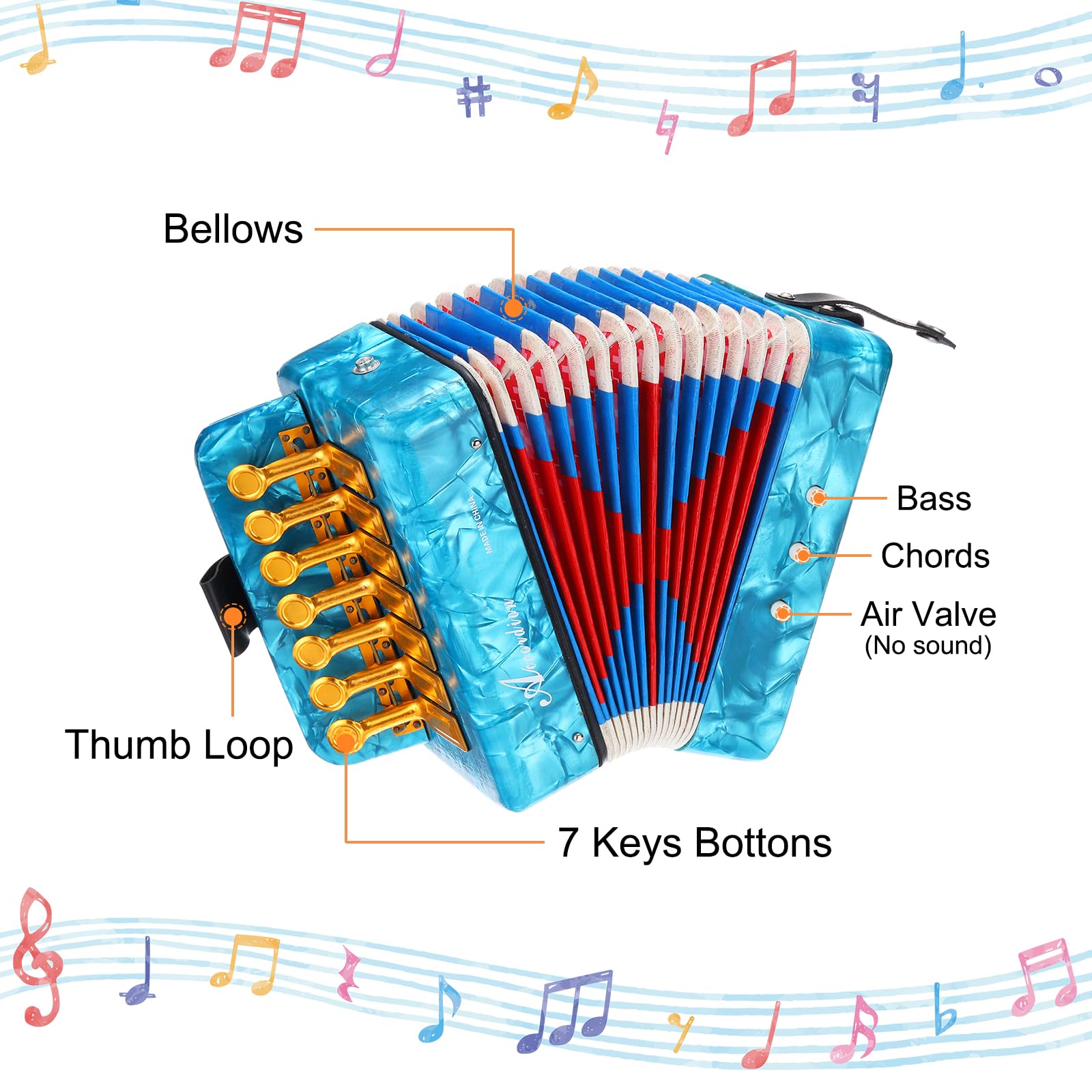 QUARKZMAN Accordéon, Accordéon à Boutons de 10 Touches Mini Instrument Musical Léger pour Adultes Débutants Éducatif, Bleu Ciel