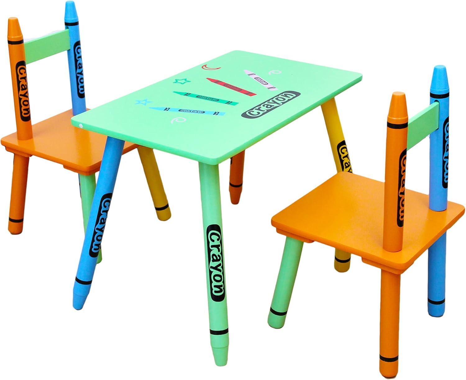 Kiddi Style Kids Table and Chairs 1 Wooden Table and 2 Chairs Set Crayon Themed Desk and