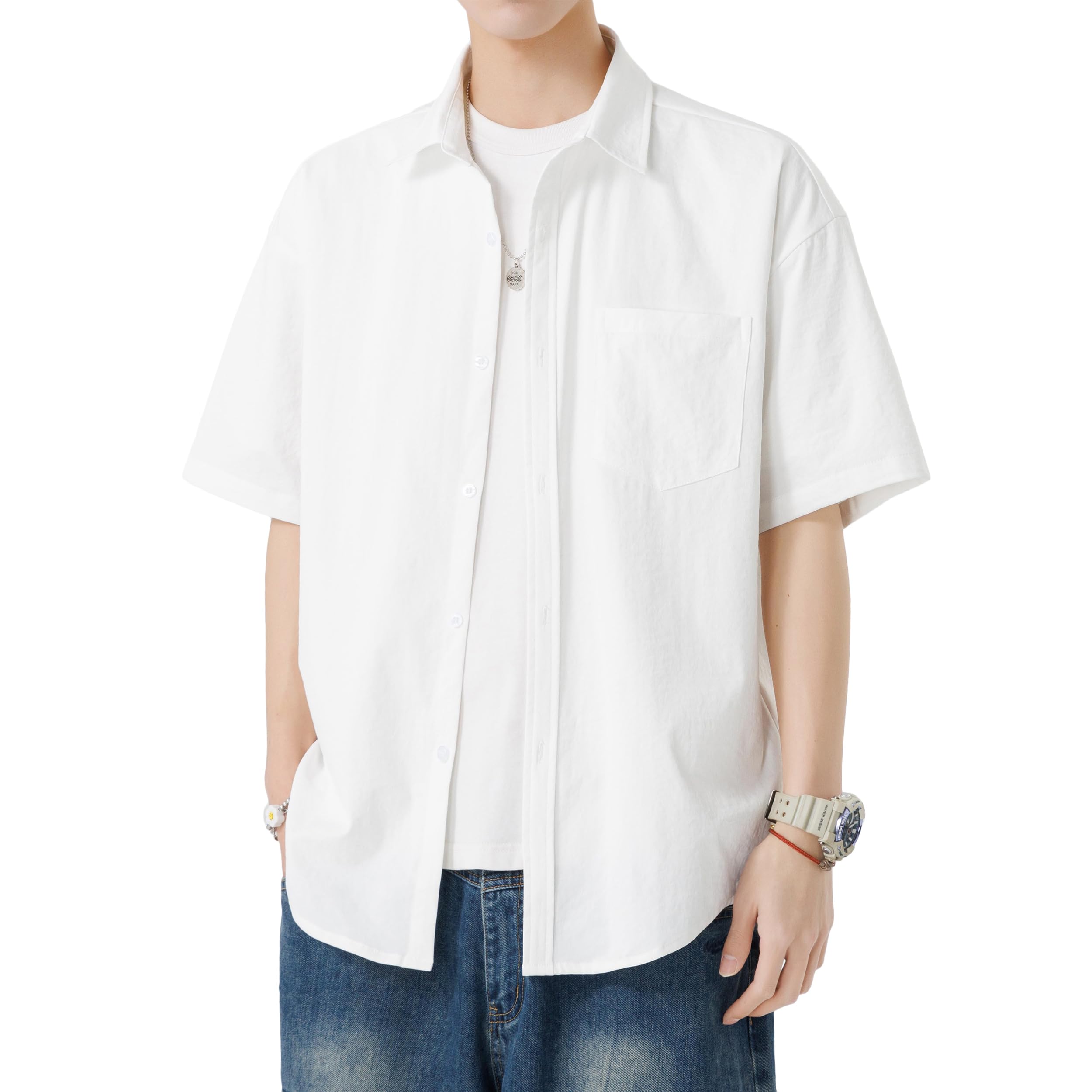 [W Wonyo] しわ加工 半袖シャツ メンズ 涼しい 夏服 シンプル 無地…