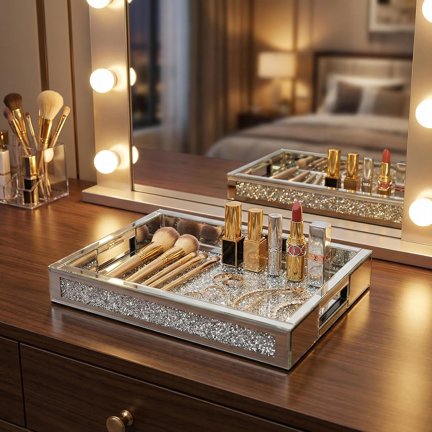 Large Vanity Tray for Perfume Organizer, 15x11 Inch Silver Mirror Tray with Handles, Crushed Diamond Tray for Bathroom Counter, Coffee Table Decor, Jewelry Display